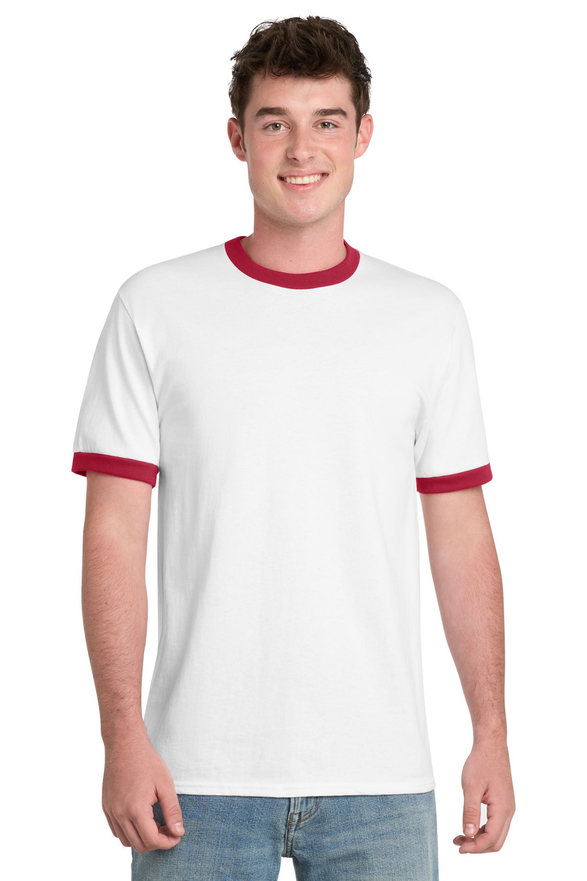 Port & Co Core Cotton Ringer Tee.  PC54R in White/ Red