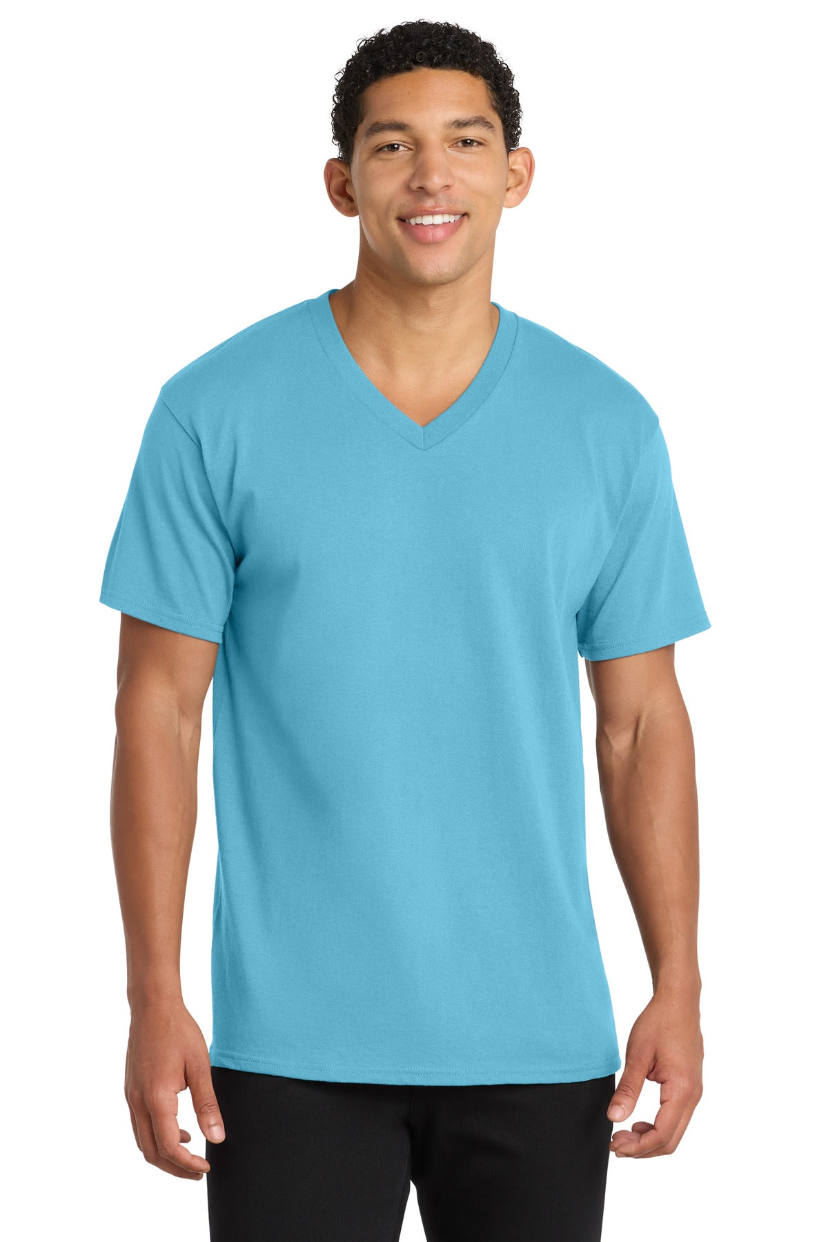 Port & Co Core Cotton V-Neck Tee. PC54V in Aquatic Blue