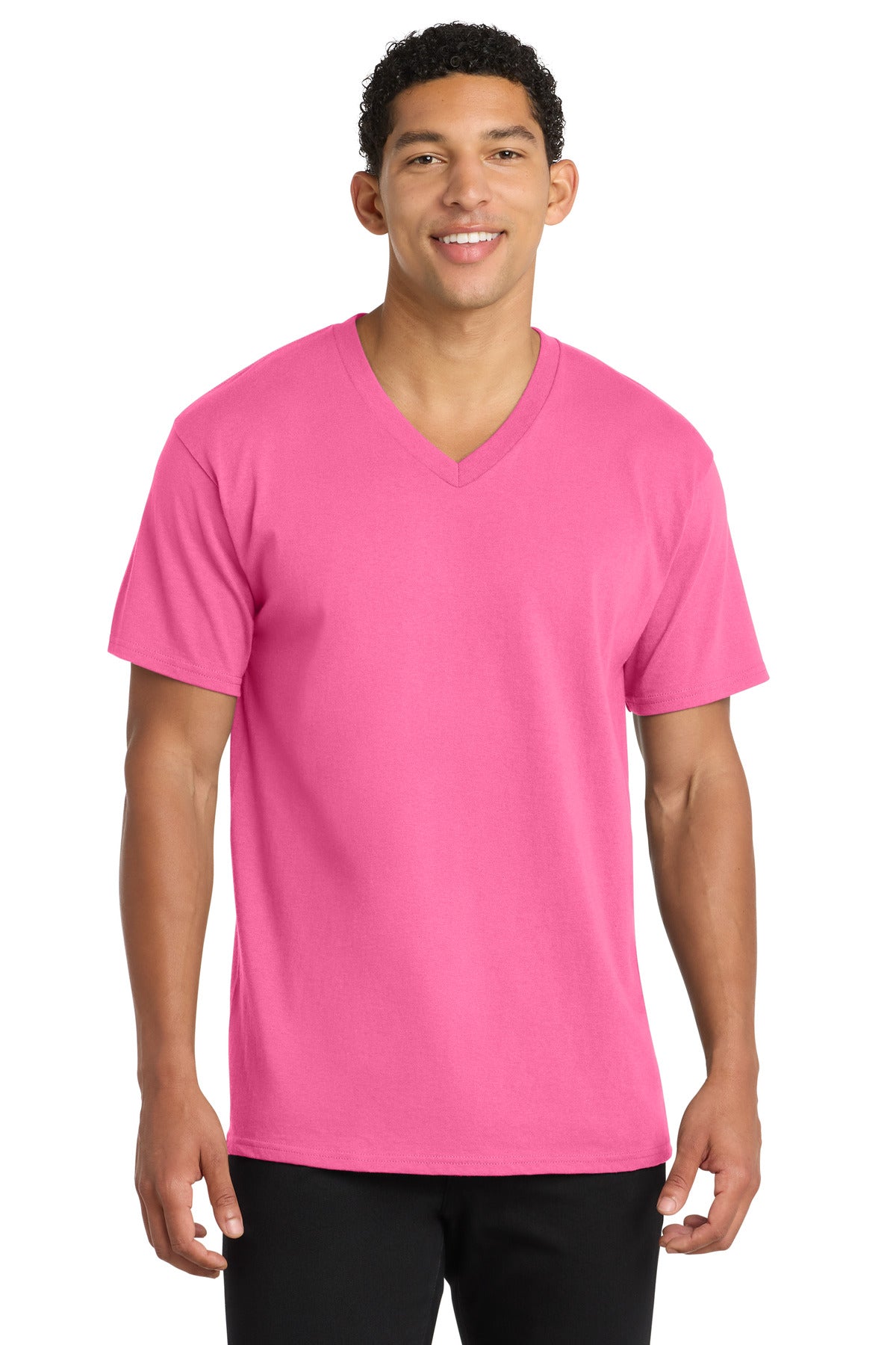 Port & Co Core Cotton V-Neck Tee. PC54V in Neon Pink