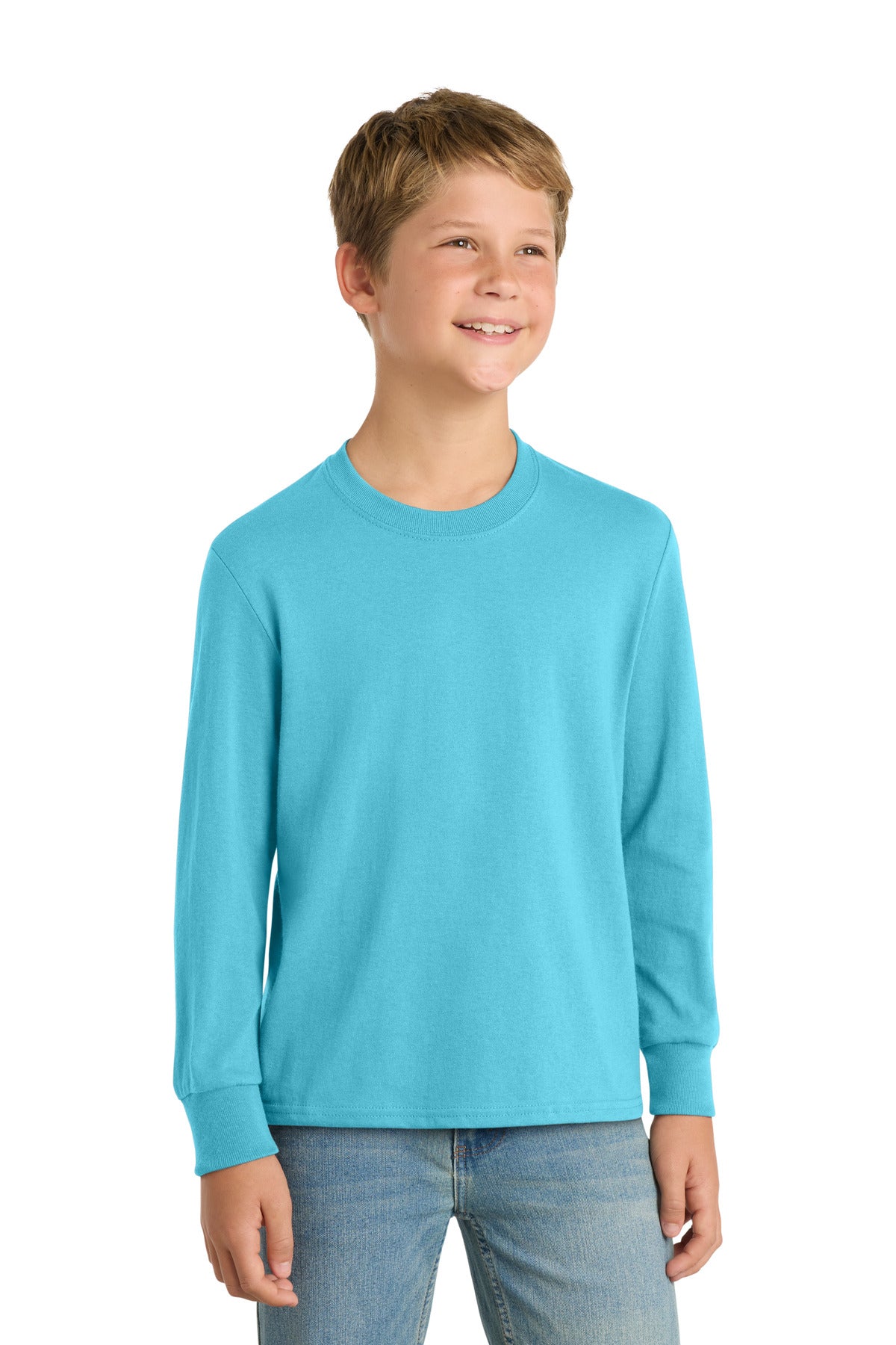 Port & Co Youth Long Sleeve Core Cotton Tee. PC54YLS in Aquatic Blue