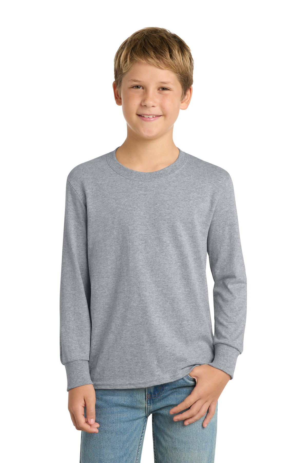 Port & Co Youth Long Sleeve Core Cotton Tee. PC54YLS in Athletic Heather