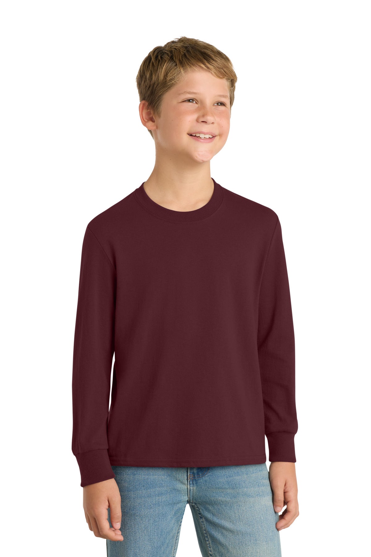 Port & Co Youth Long Sleeve Core Cotton Tee. PC54YLS in Athletic Maroon