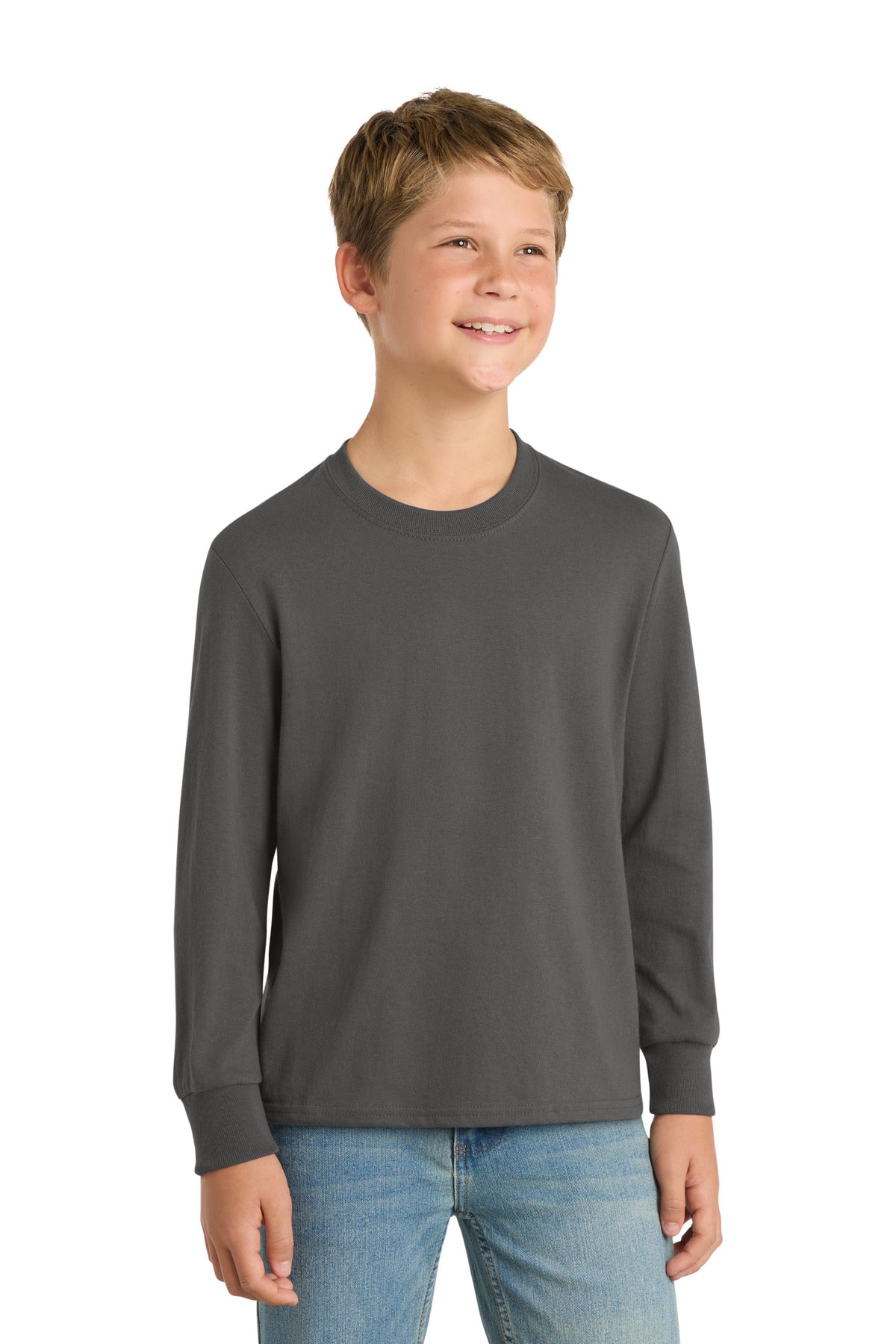 Port & Co Youth Long Sleeve Core Cotton Tee. PC54YLS in Charcoal