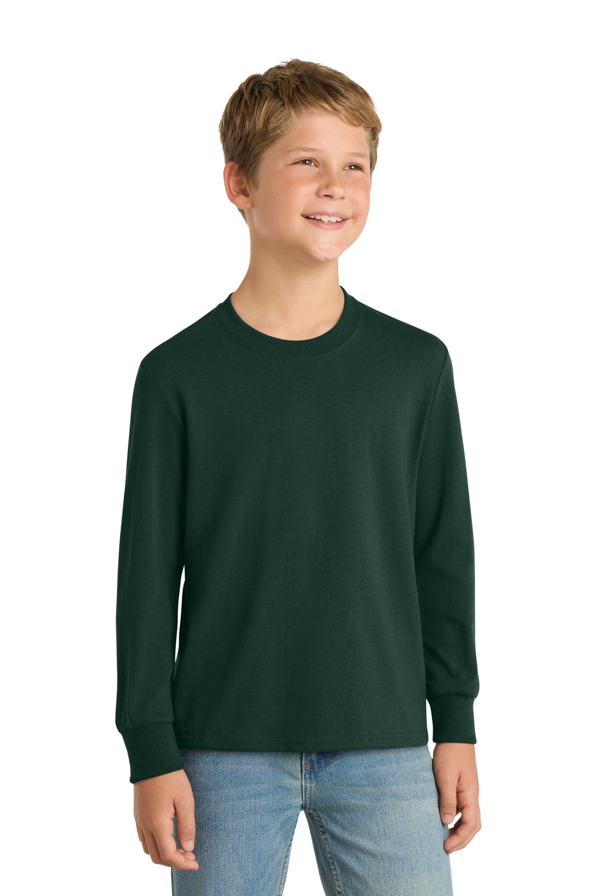 Port & Co Youth Long Sleeve Core Cotton Tee. PC54YLS in Dark Green