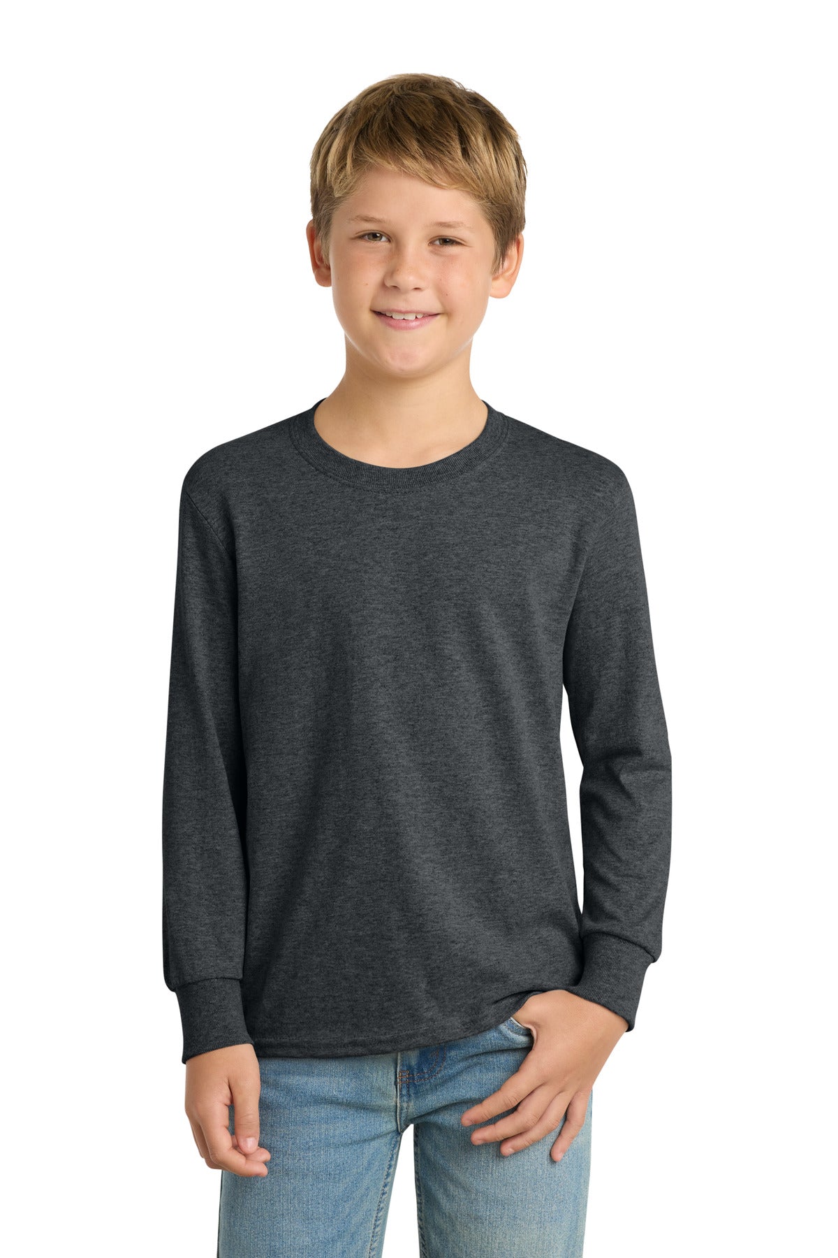 Port & Co Youth Long Sleeve Core Cotton Tee. PC54YLS in Dark Heather Grey
