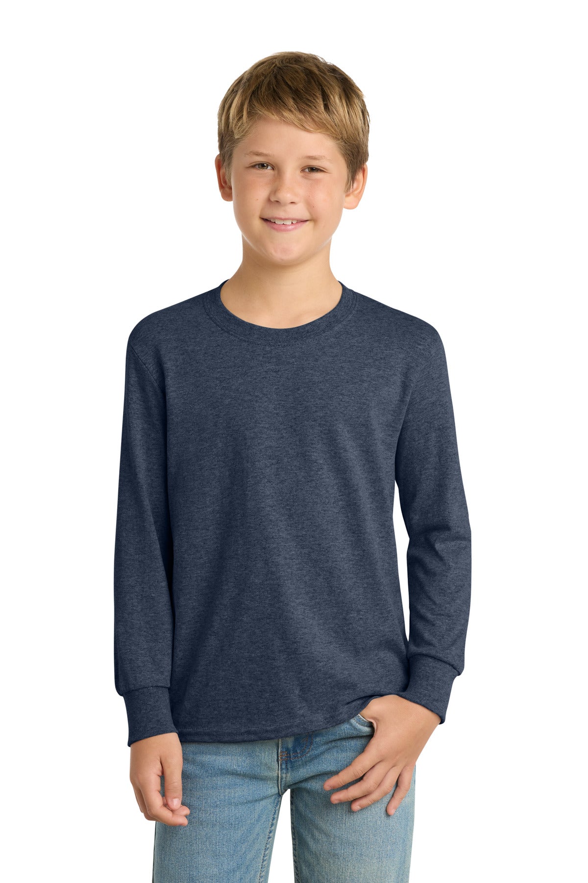 Port & Co Youth Long Sleeve Core Cotton Tee. PC54YLS in Heather Navy