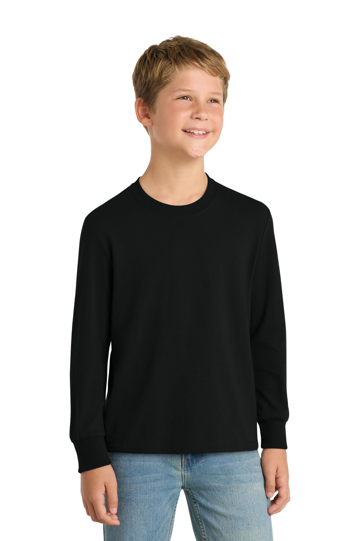 Port & Co Youth Long Sleeve Core Cotton Tee. PC54YLS in Jet Black