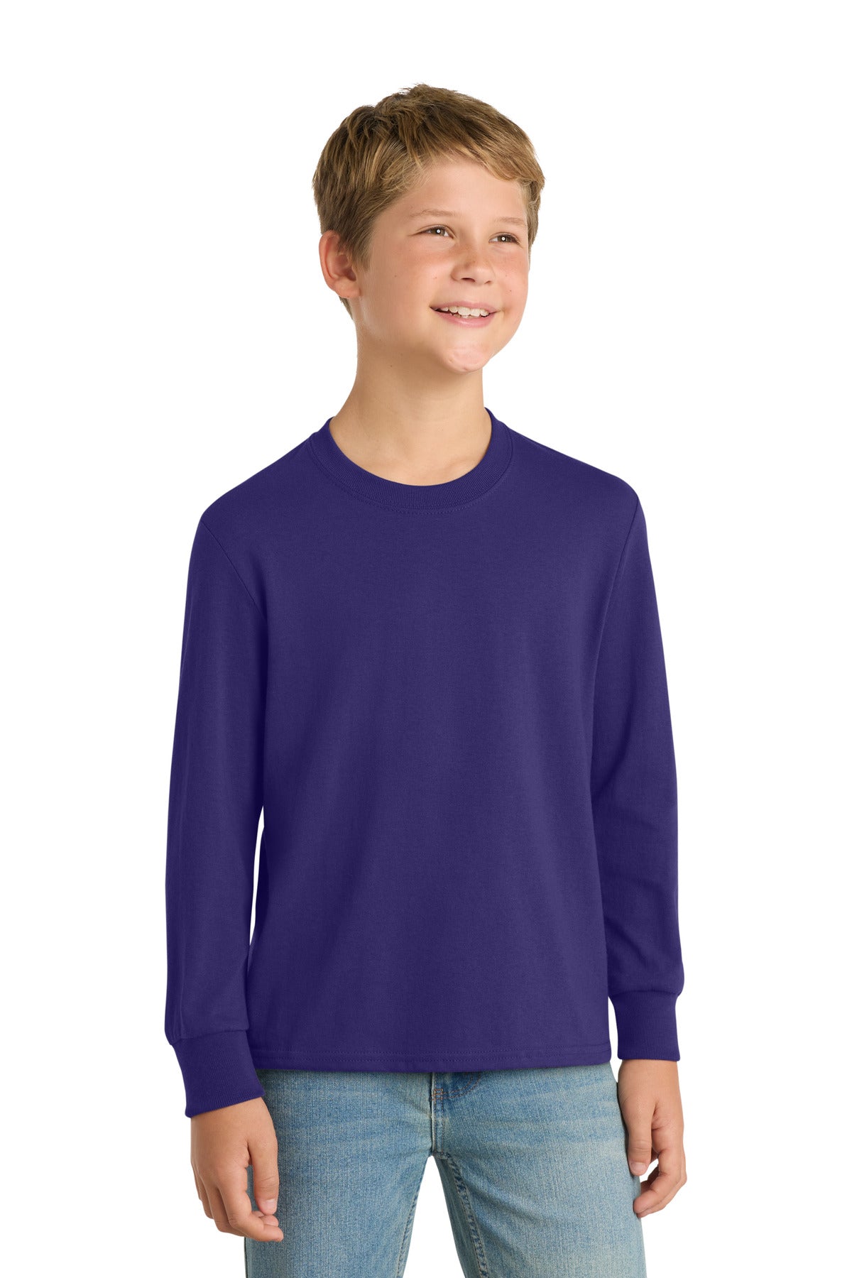 Port & Co Youth Long Sleeve Core Cotton Tee. PC54YLS in Team Purple