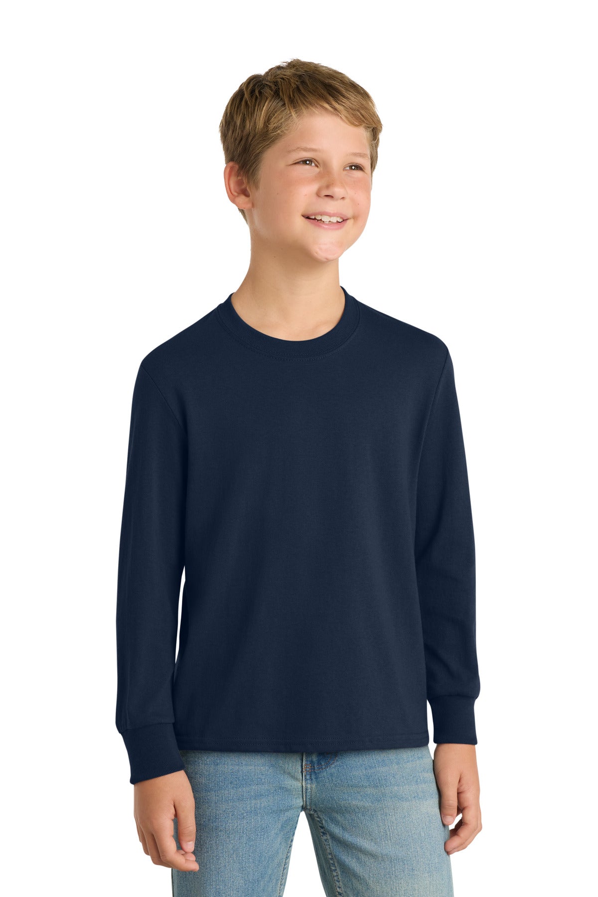 Port & Co Youth Long Sleeve Core Cotton Tee. PC54YLS in True Navy