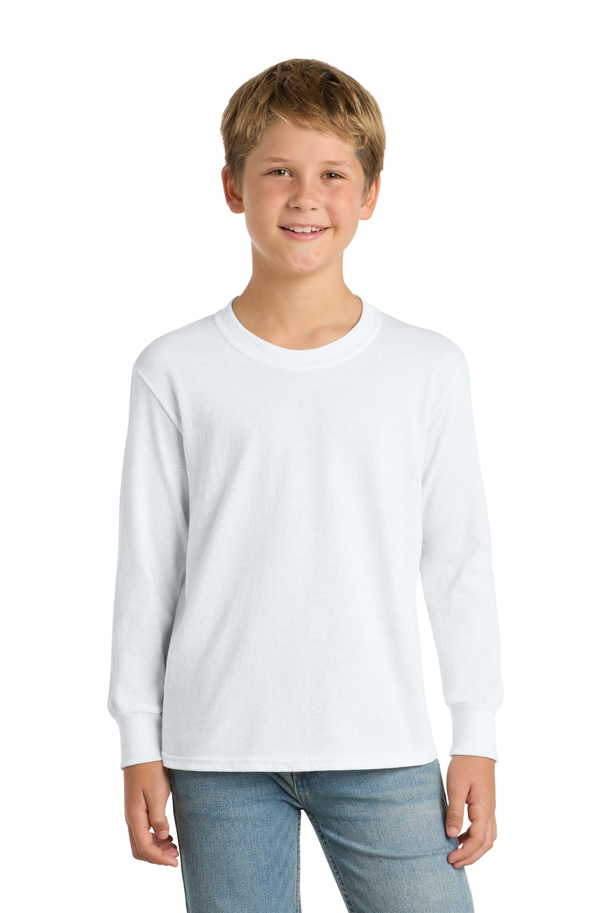 Port & Co Youth Long Sleeve Core Cotton Tee. PC54YLS in White