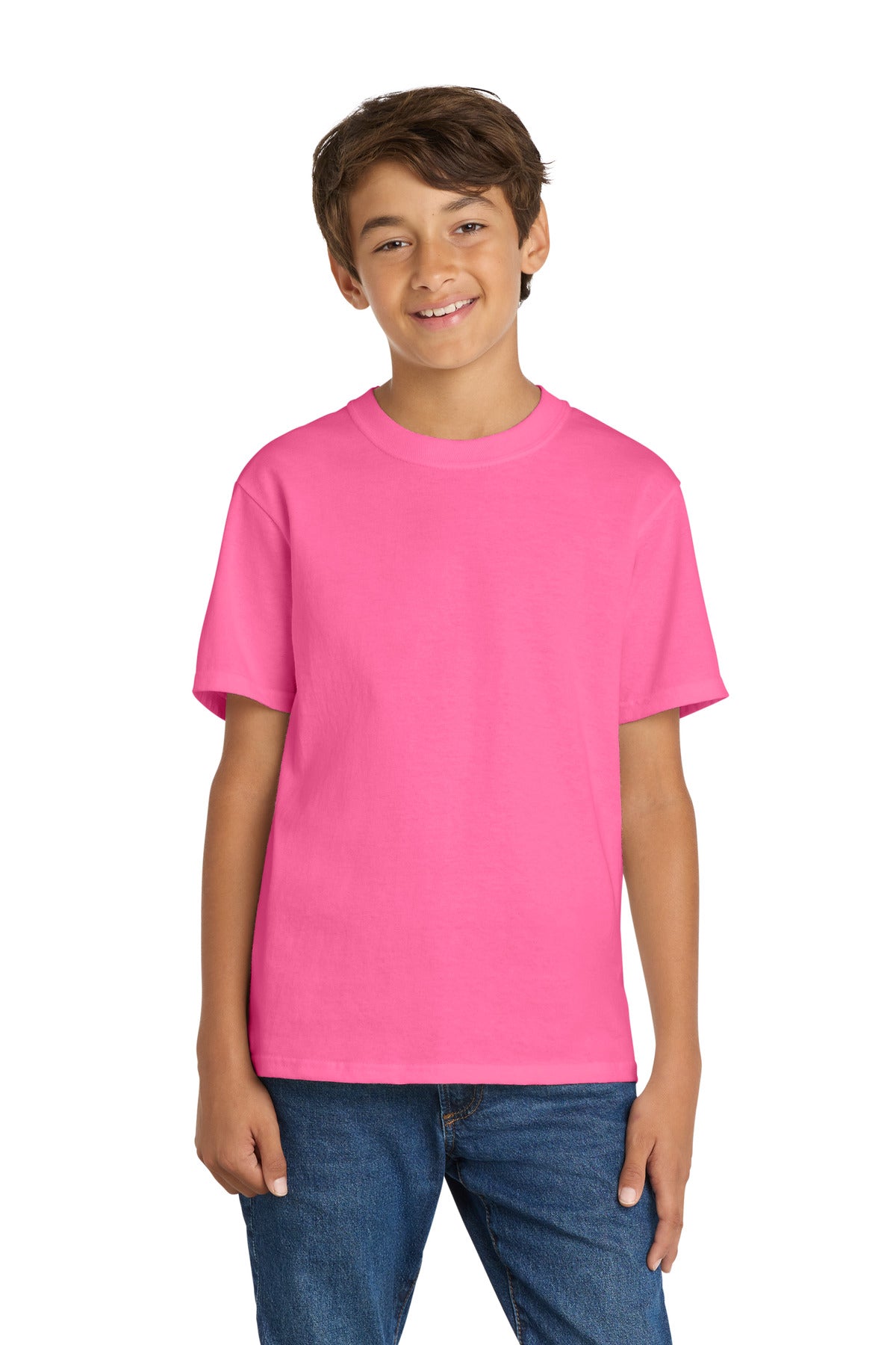 Port & Co Youth Core Cotton Tee. PC54Y in Neon Pink