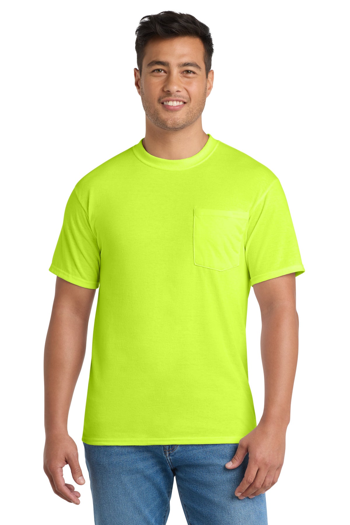Port & Co Core Blend Pocket Tee. PC55P in Safety Green