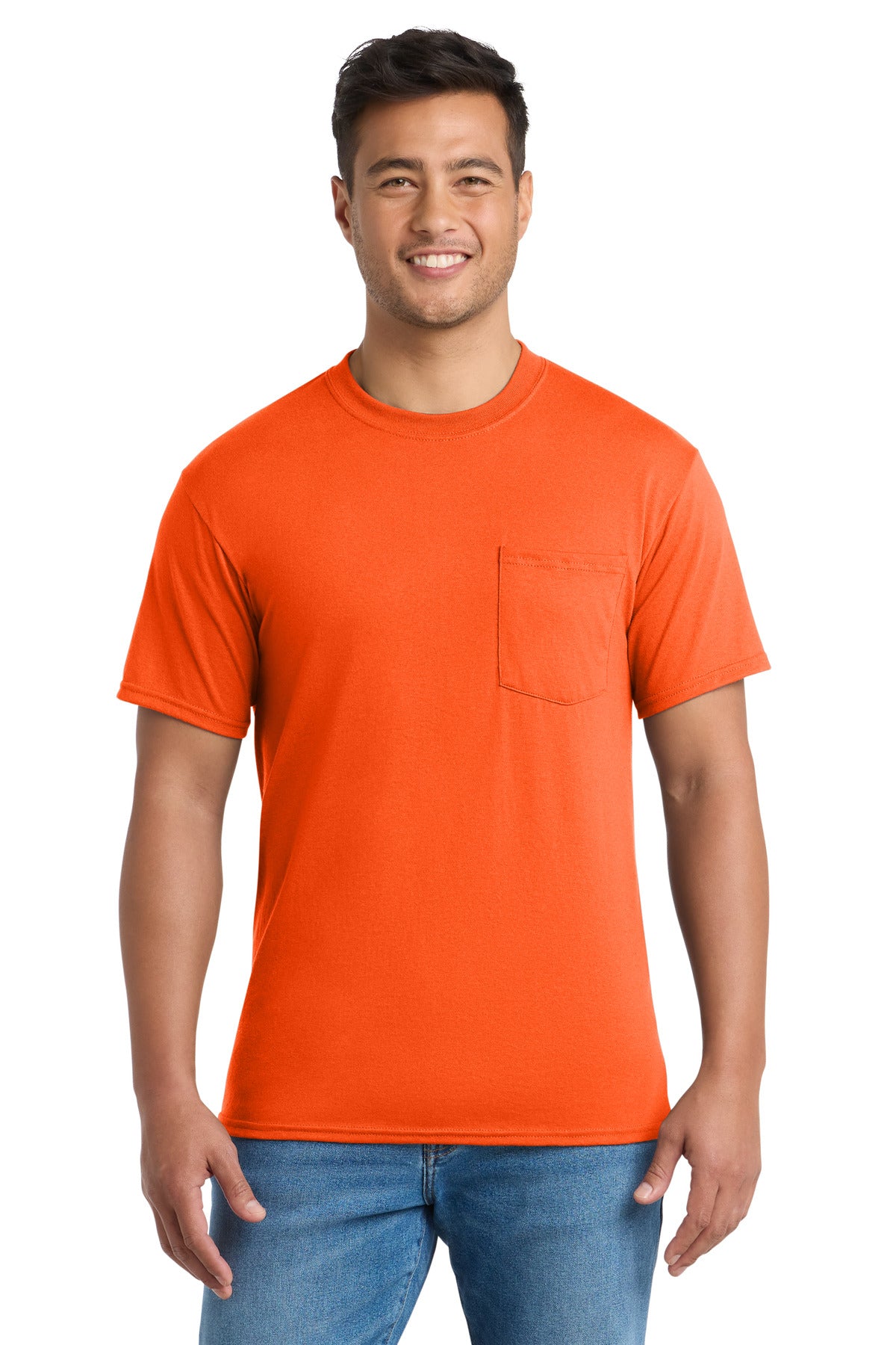 Port & Co Core Blend Pocket Tee. PC55P in Safety Orange