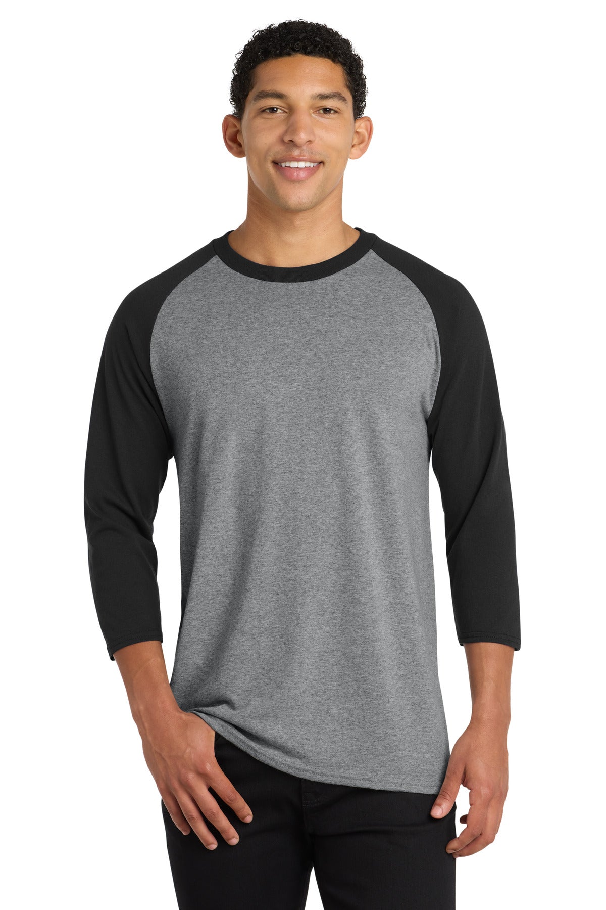 Port & Co Core Blend 3/4-Sleeve Raglan Tee. PC55RS in Athletic Heather/ Jet Black