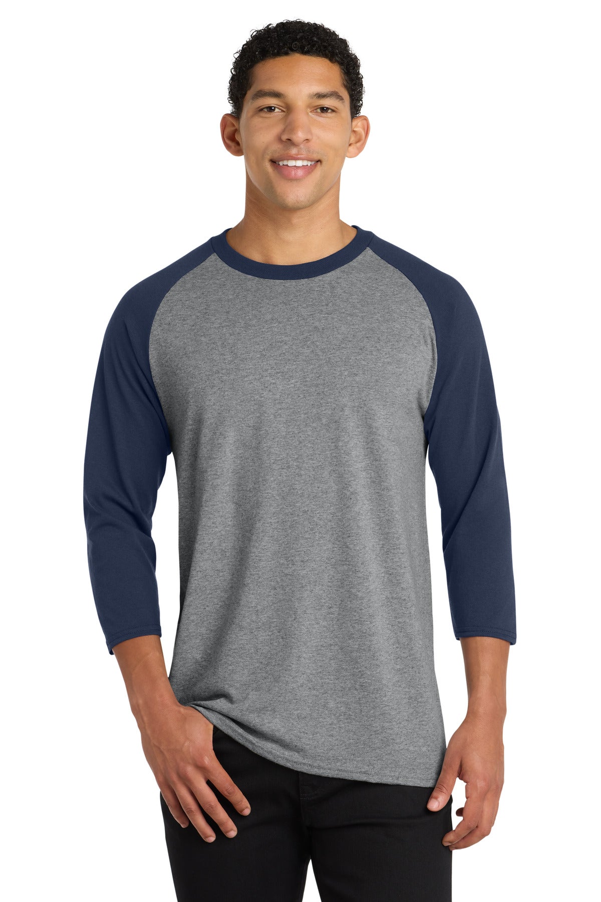Port & Co Core Blend 3/4-Sleeve Raglan Tee. PC55RS in Athletic Heather/ Navy