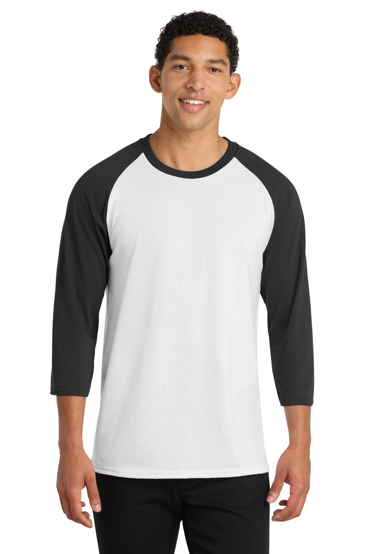 Port & Co Core Blend 3/4-Sleeve Raglan Tee. PC55RS in White/ Jet Black