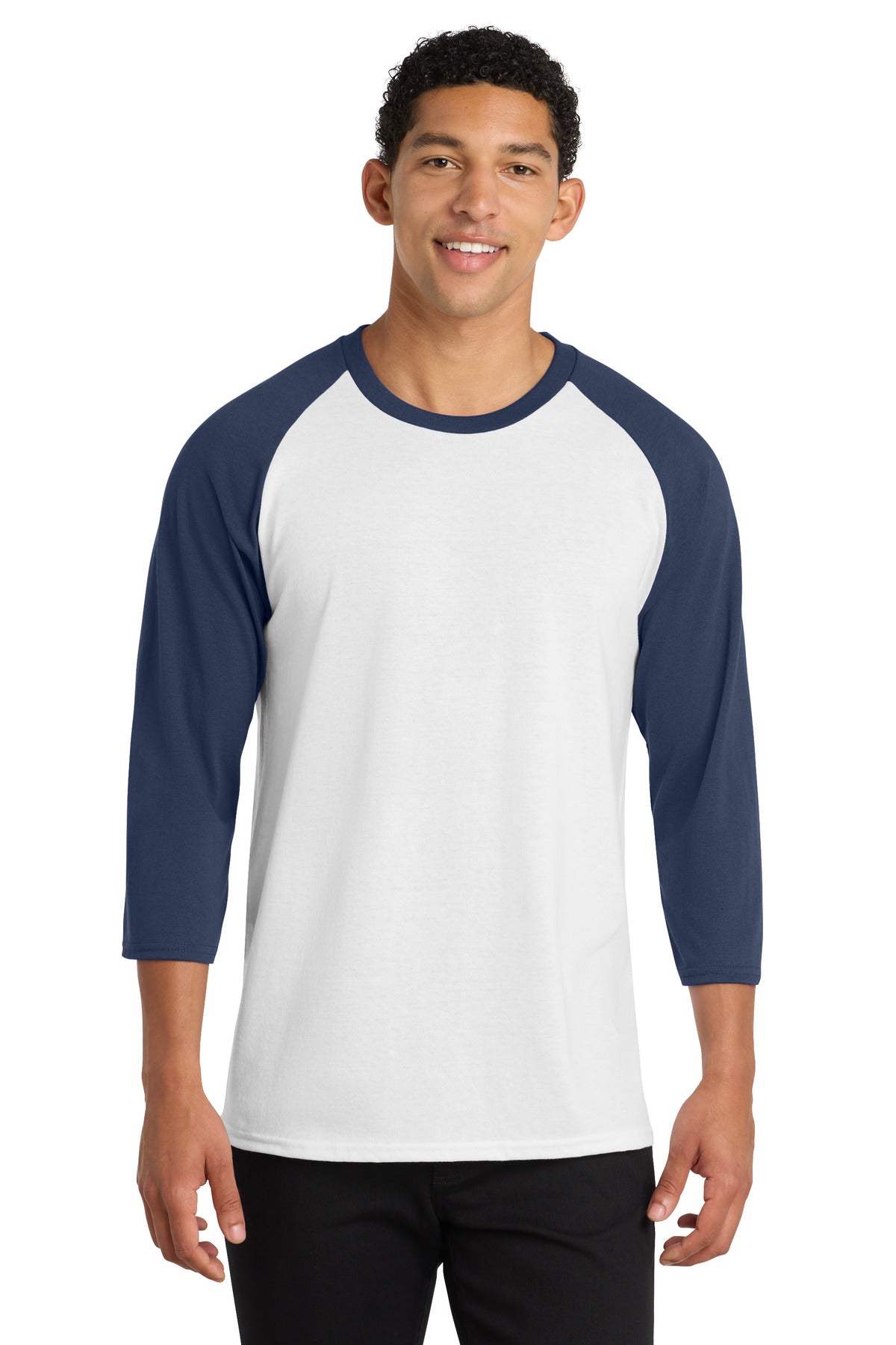 Port & Co Core Blend 3/4-Sleeve Raglan Tee. PC55RS in White/ Navy