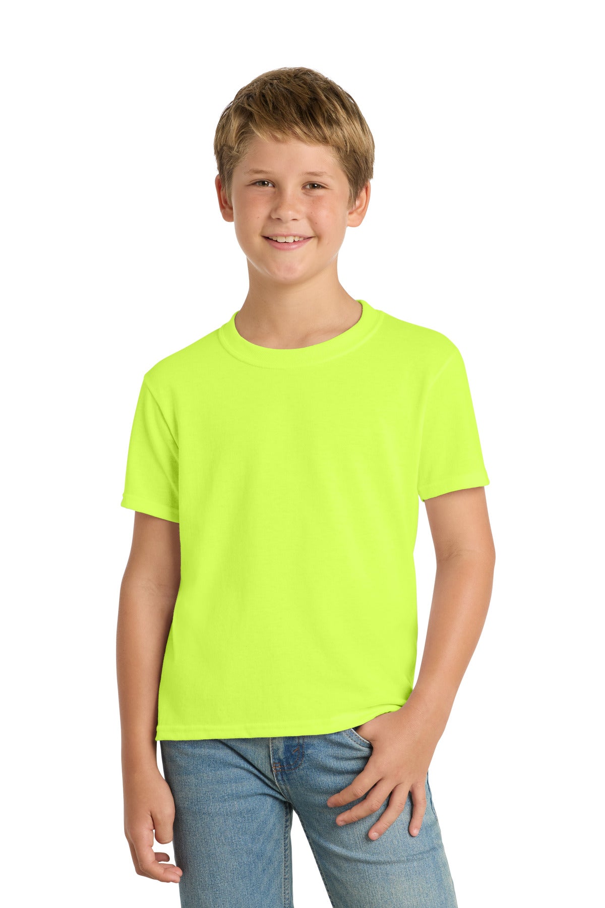 Port & Co Youth Core Blend Tee.  PC55Y in Safety Green