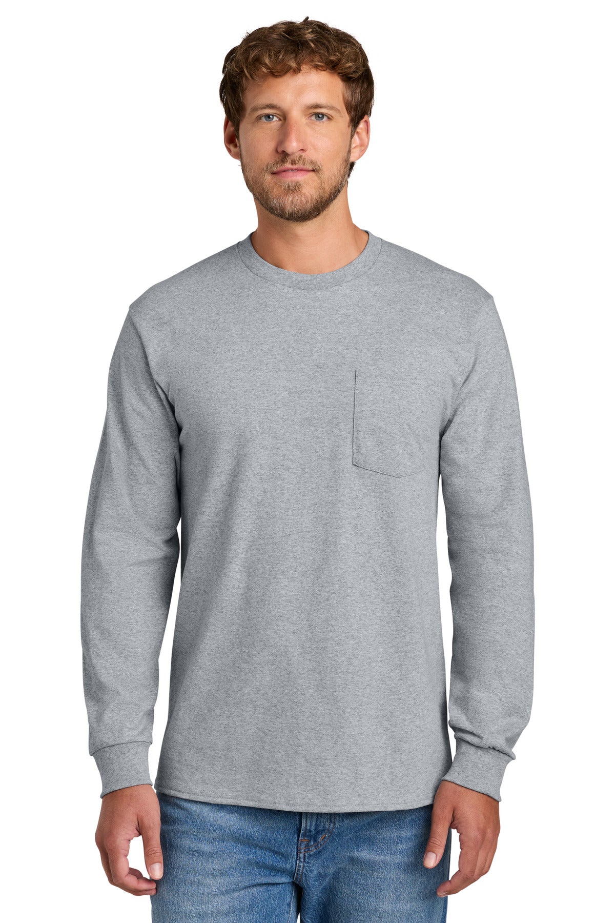 Port & Co Tall Long Sleeve Essential Pocket Tee. PC61LSPT in Athletic Heather
