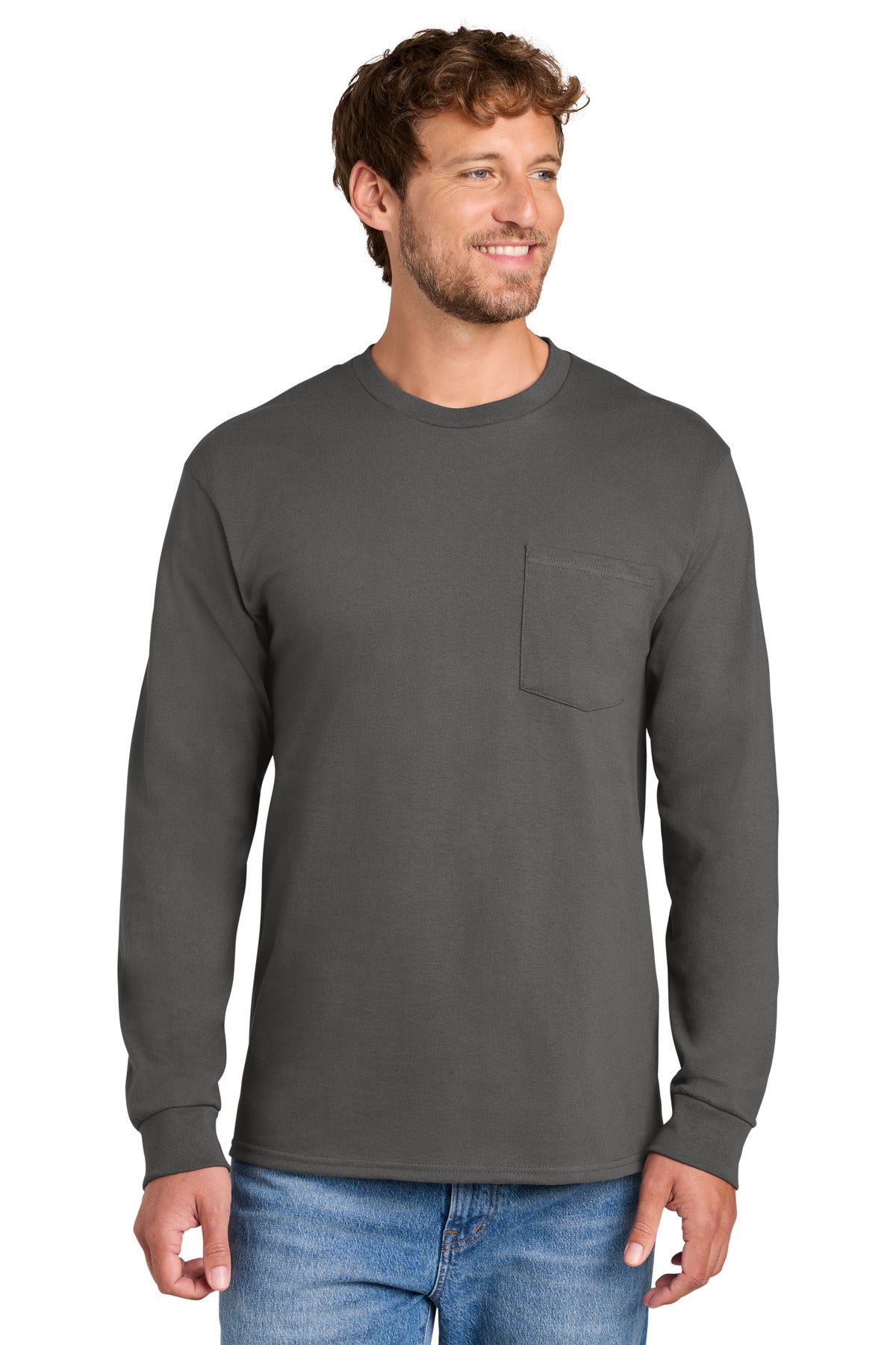 Port & Co Tall Long Sleeve Essential Pocket Tee. PC61LSPT in Charcoal