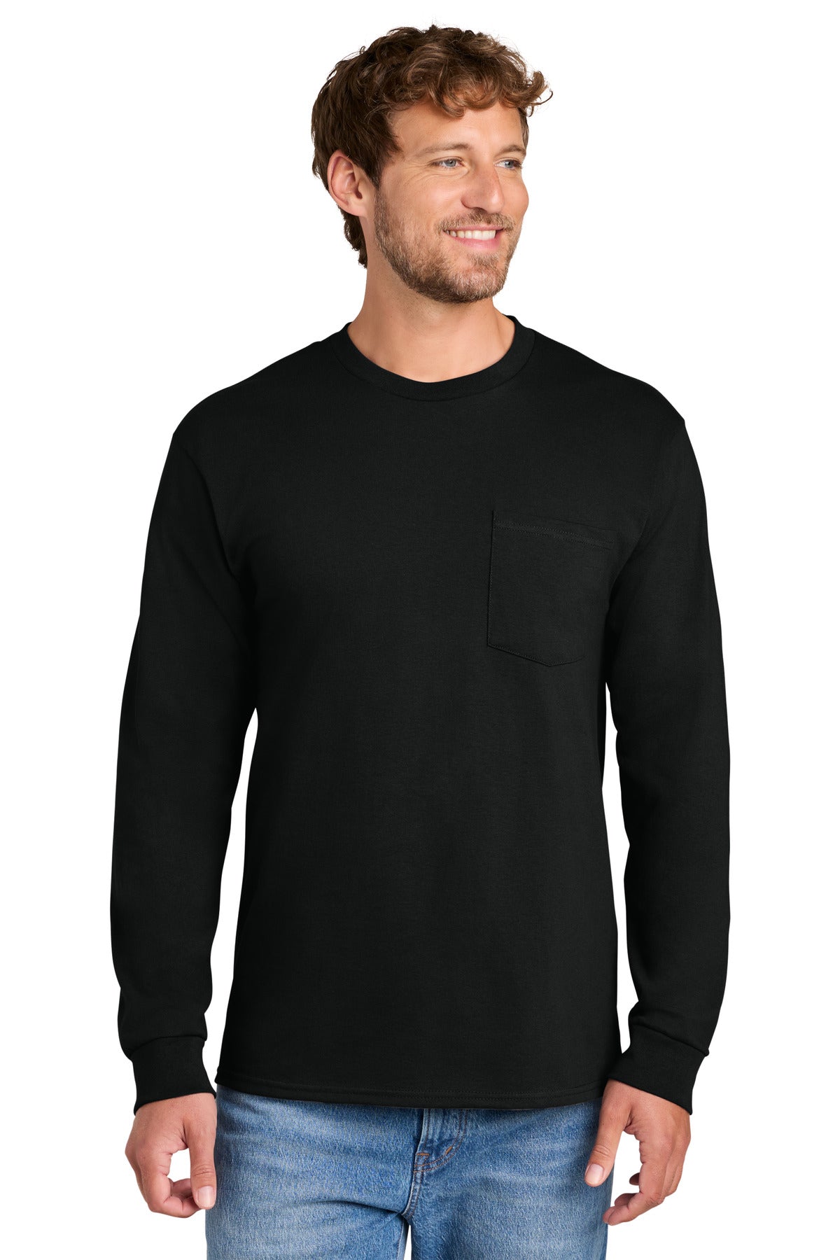 Port & Co Tall Long Sleeve Essential Pocket Tee. PC61LSPT in Jet Black
