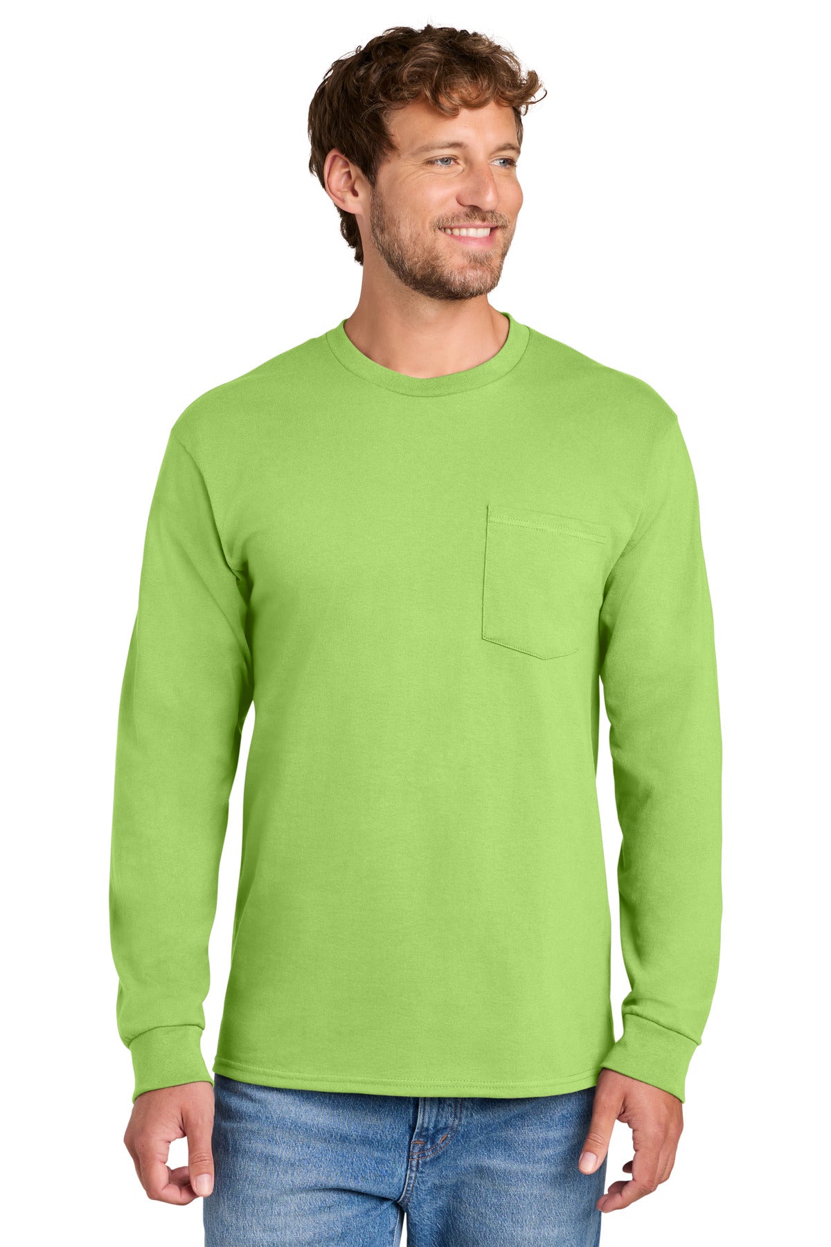 Port & Co Tall Long Sleeve Essential Pocket Tee. PC61LSPT in Lime