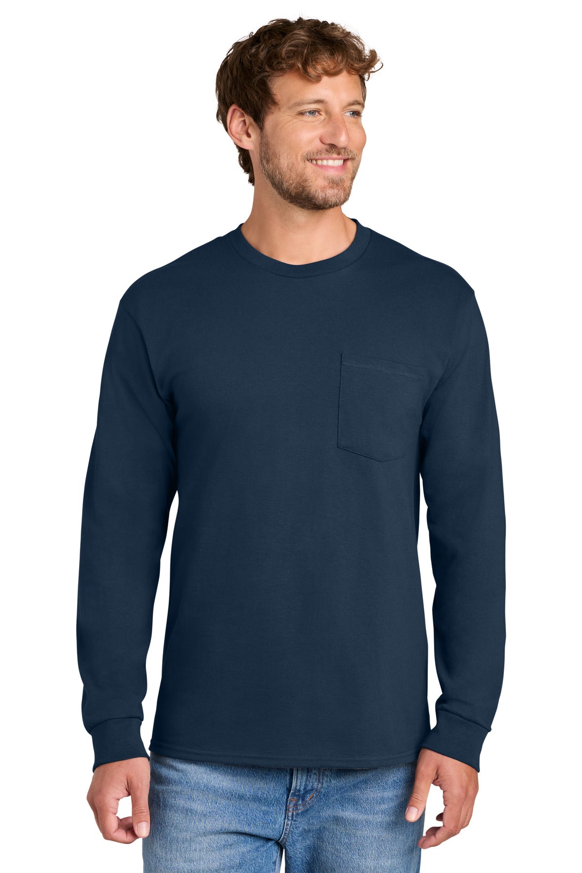 Port & Co Tall Long Sleeve Essential Pocket Tee. PC61LSPT in Navy