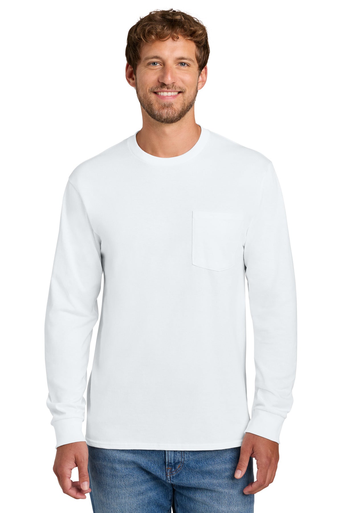 Port & Co Tall Long Sleeve Essential Pocket Tee. PC61LSPT in White