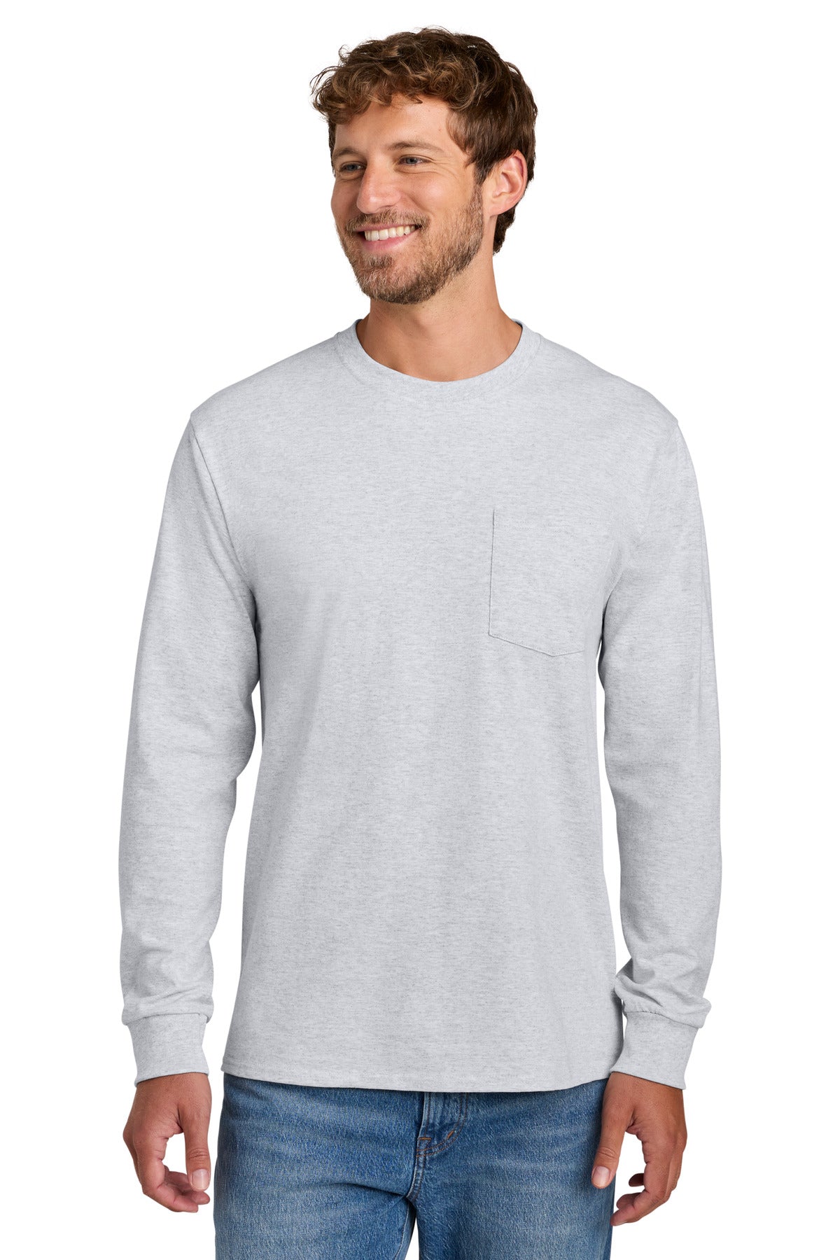 Port & Co Long Sleeve Essential Pocket Tee.  PC61LSP in Ash