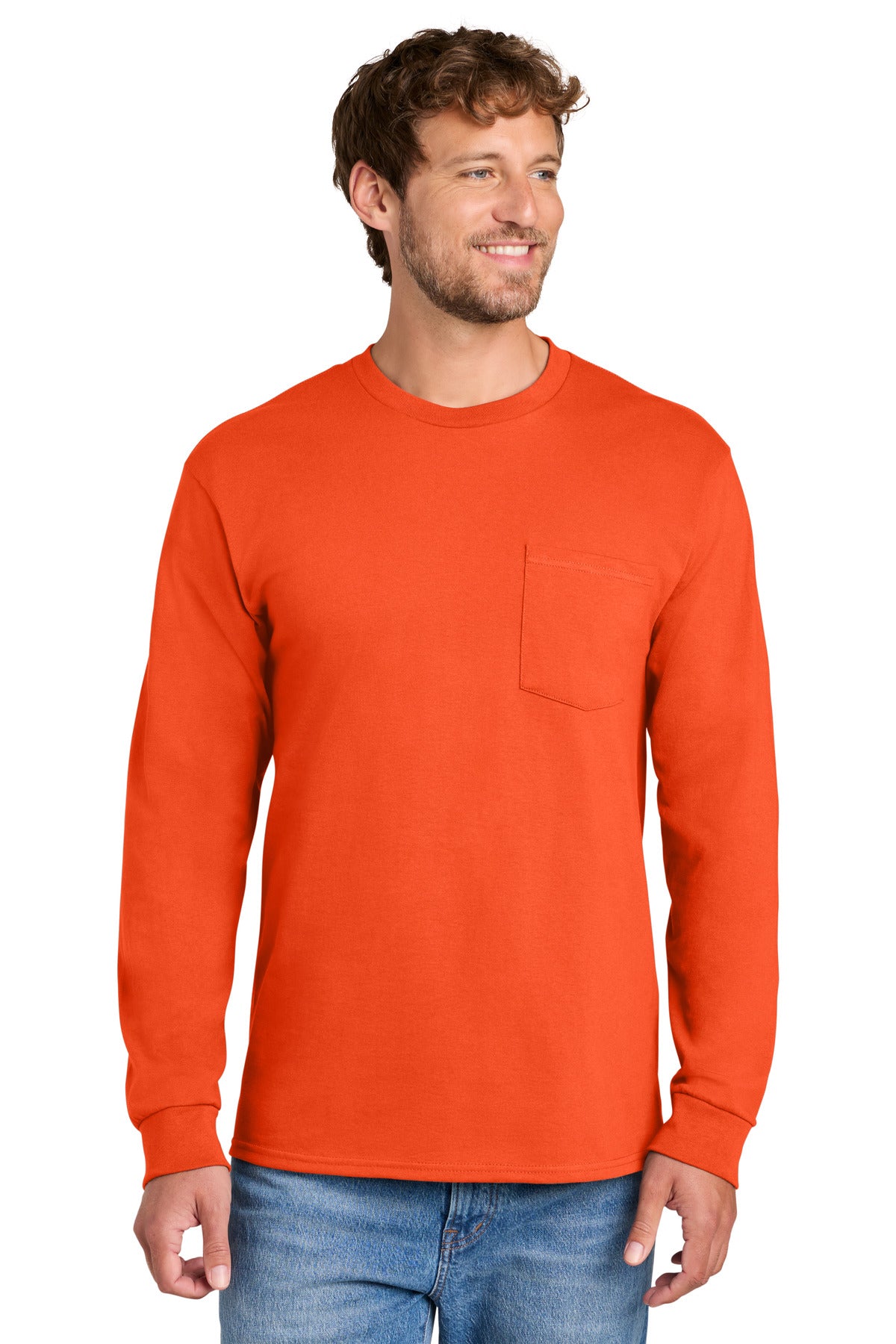 Port & Co Long Sleeve Essential Pocket Tee.  PC61LSP in Orange