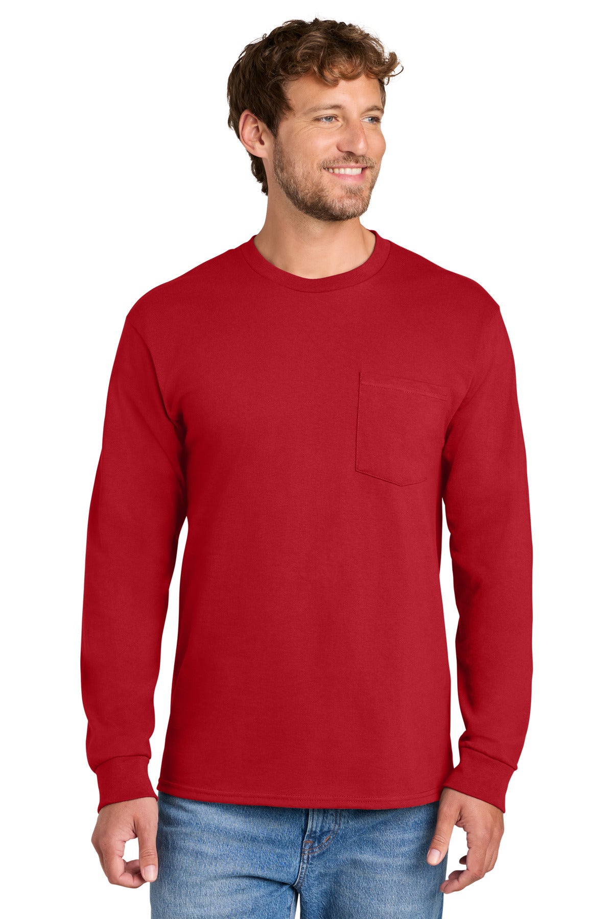 Port & Co Long Sleeve Essential Pocket Tee.  PC61LSP in Red