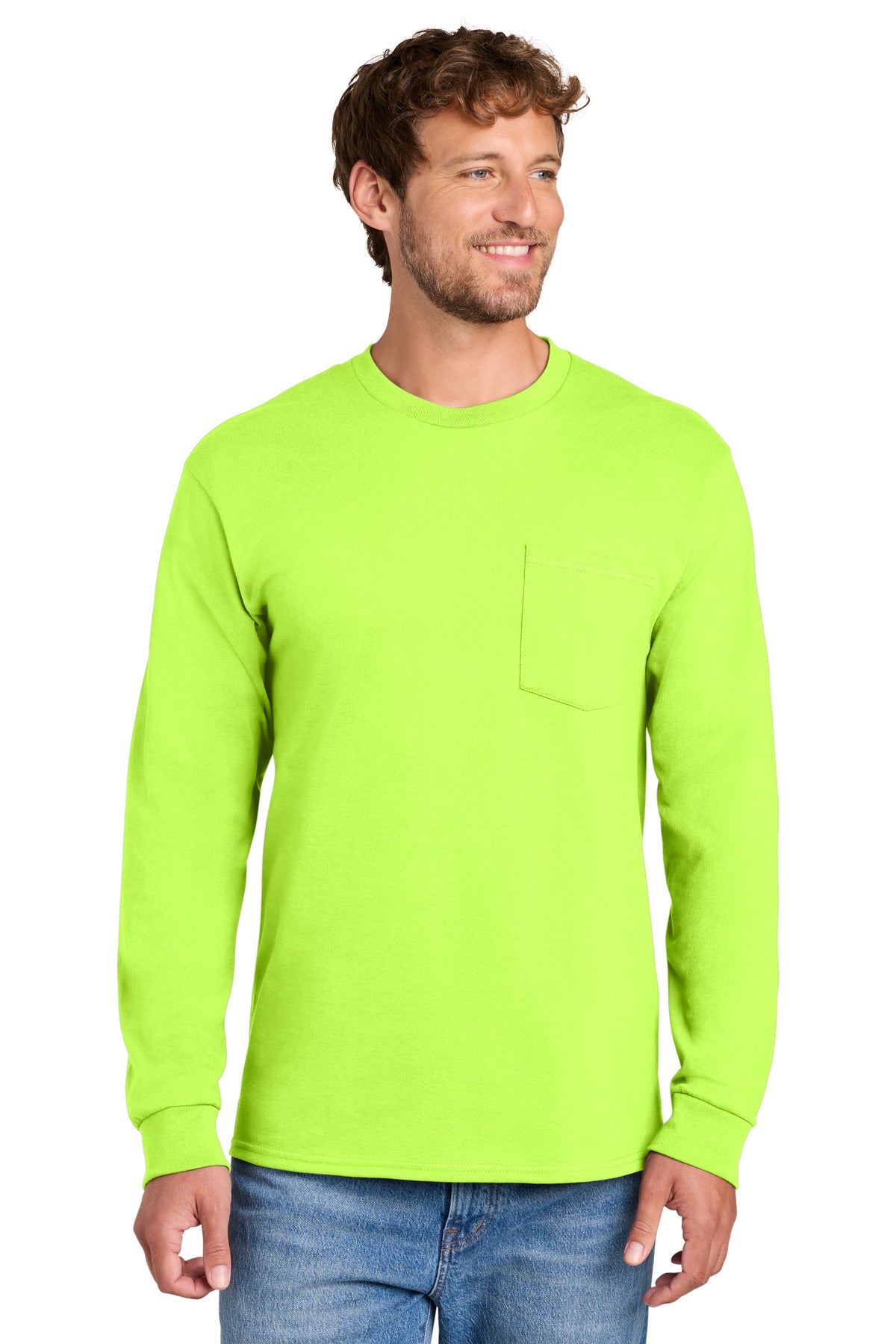 Port & Co Long Sleeve Essential Pocket Tee.  PC61LSP in S. Green
