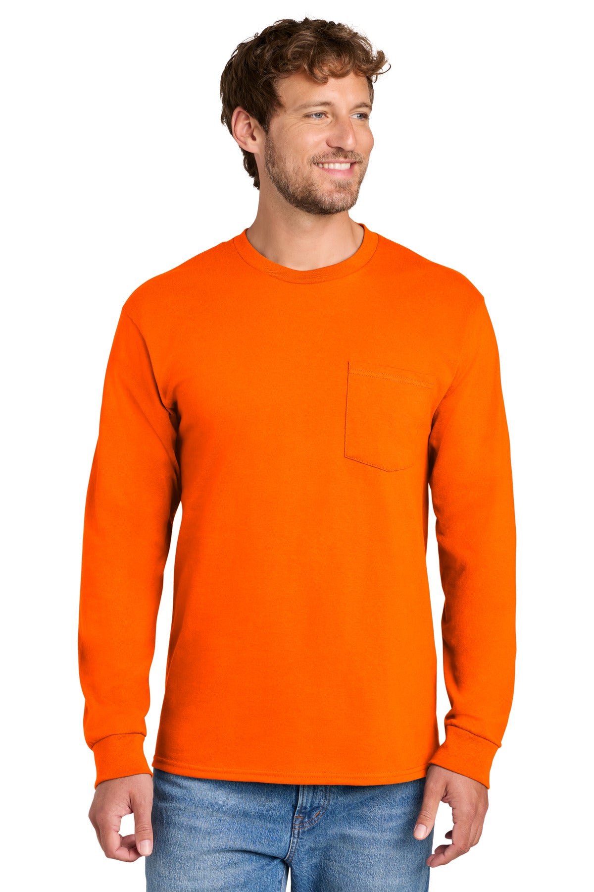 Port & Co Long Sleeve Essential Pocket Tee.  PC61LSP in S. Orange