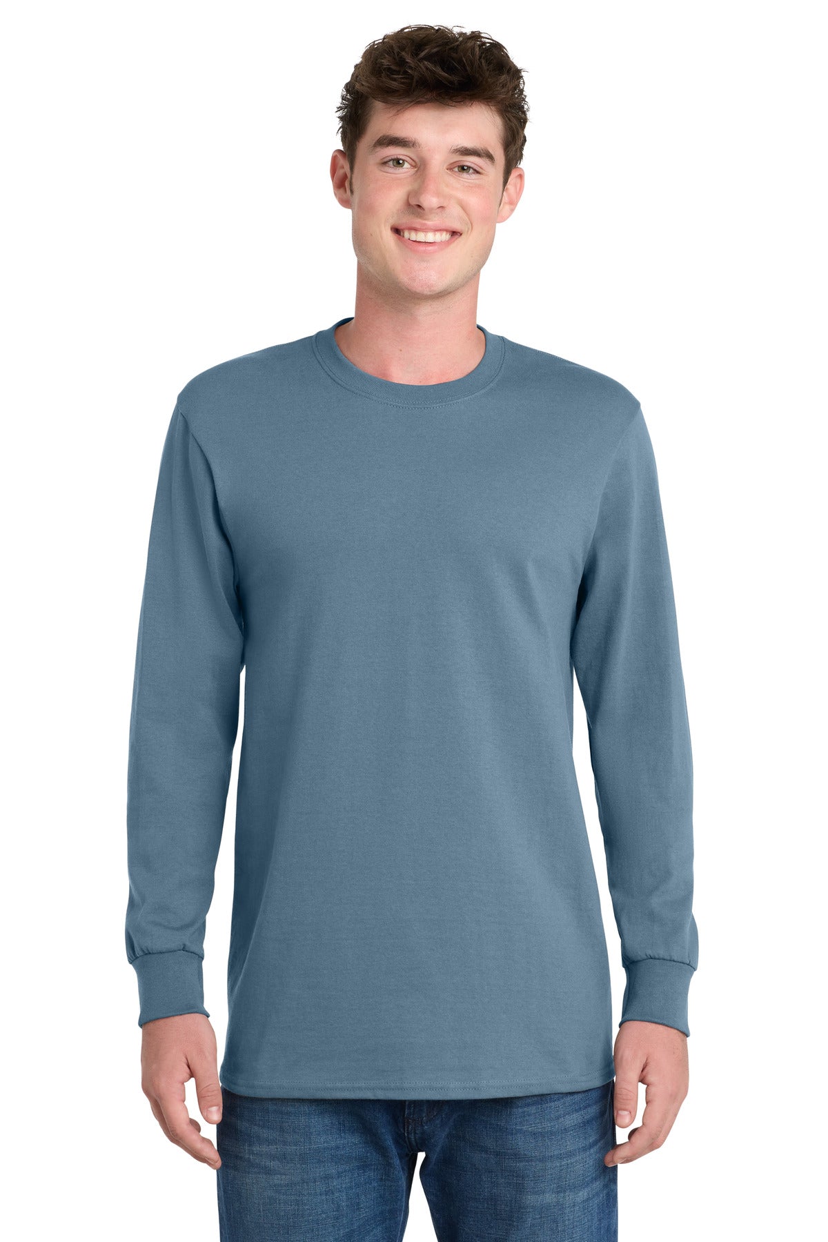 Port & Co Long Sleeve Essential Tee. PC61LS in Stonewashed Blue