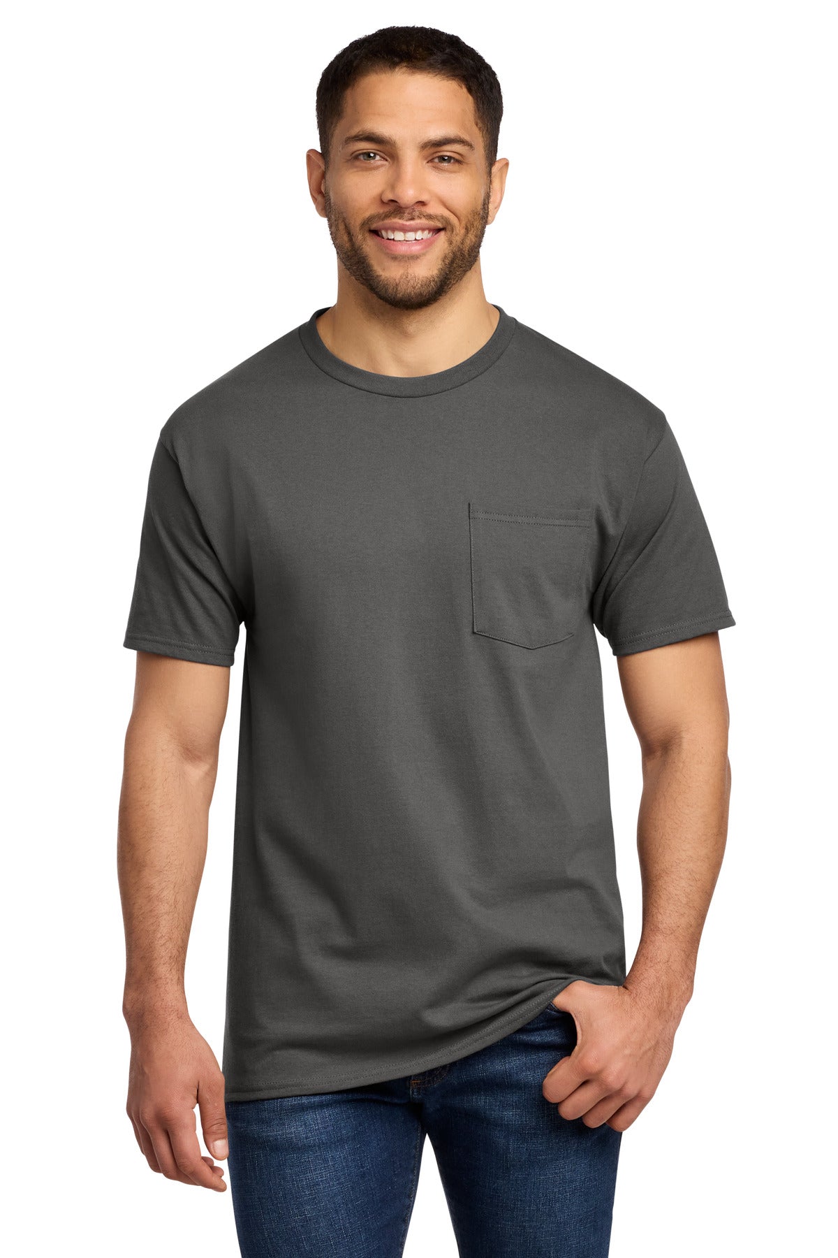 Port & Co Essential Pocket Tee. PC61P in Charcoal