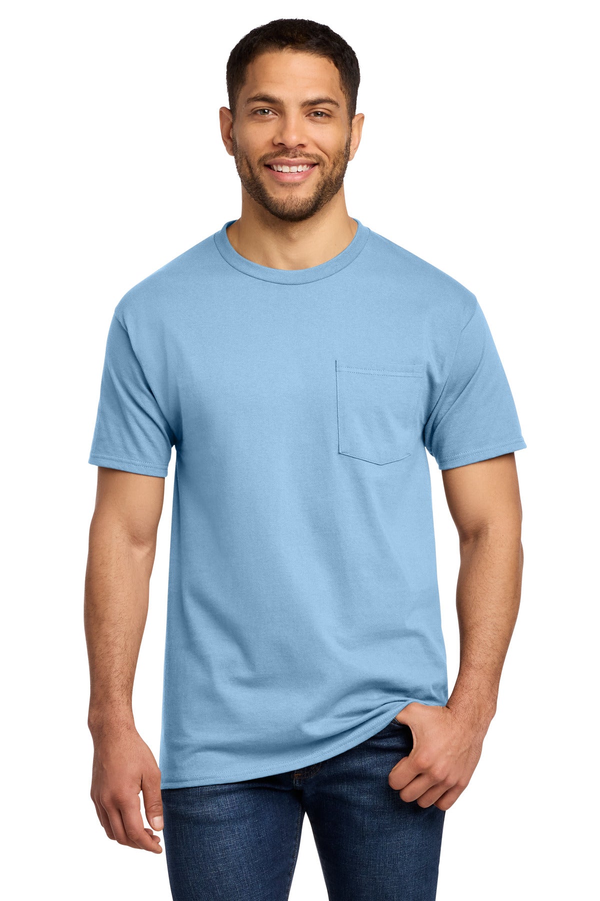 Port & Co Essential Pocket Tee. PC61P in Light Blue