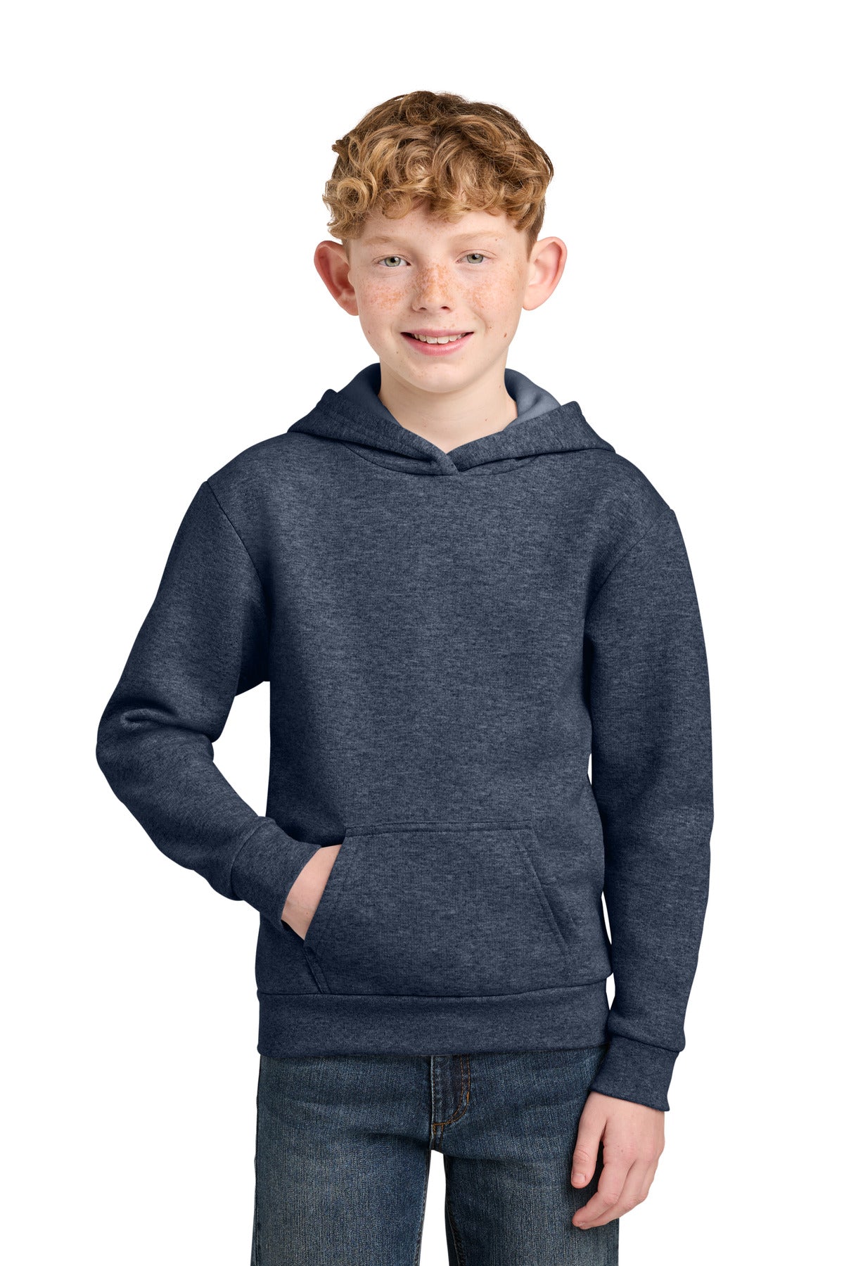 Port & Co Youth Easy Fleece Pullover Hooded Sweatshirt PC68YH in Heather Navy