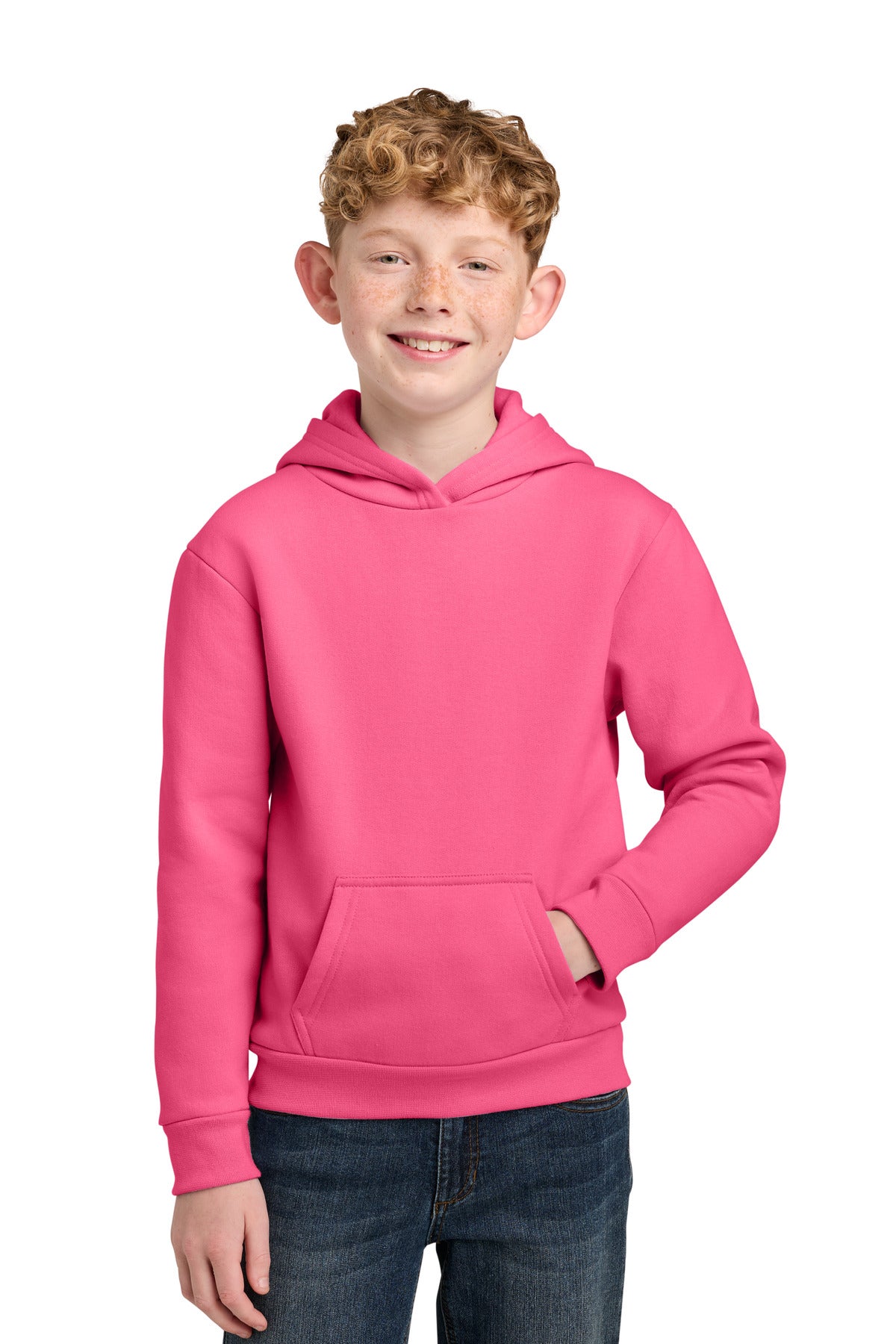 Port & Co Youth Easy Fleece Pullover Hooded Sweatshirt PC68YH in Neon Pink