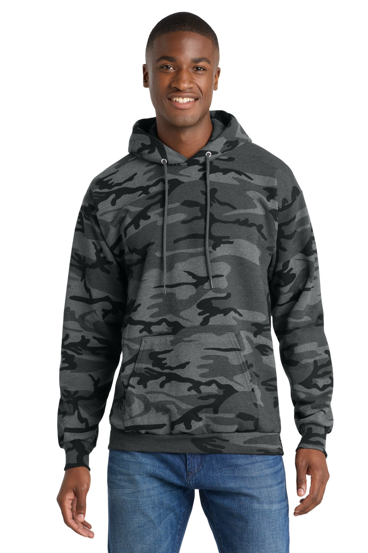 Port & Co Core Fleece Camo Pullover Hooded Sweatshirt. PC78HC in Black Heather Camo
