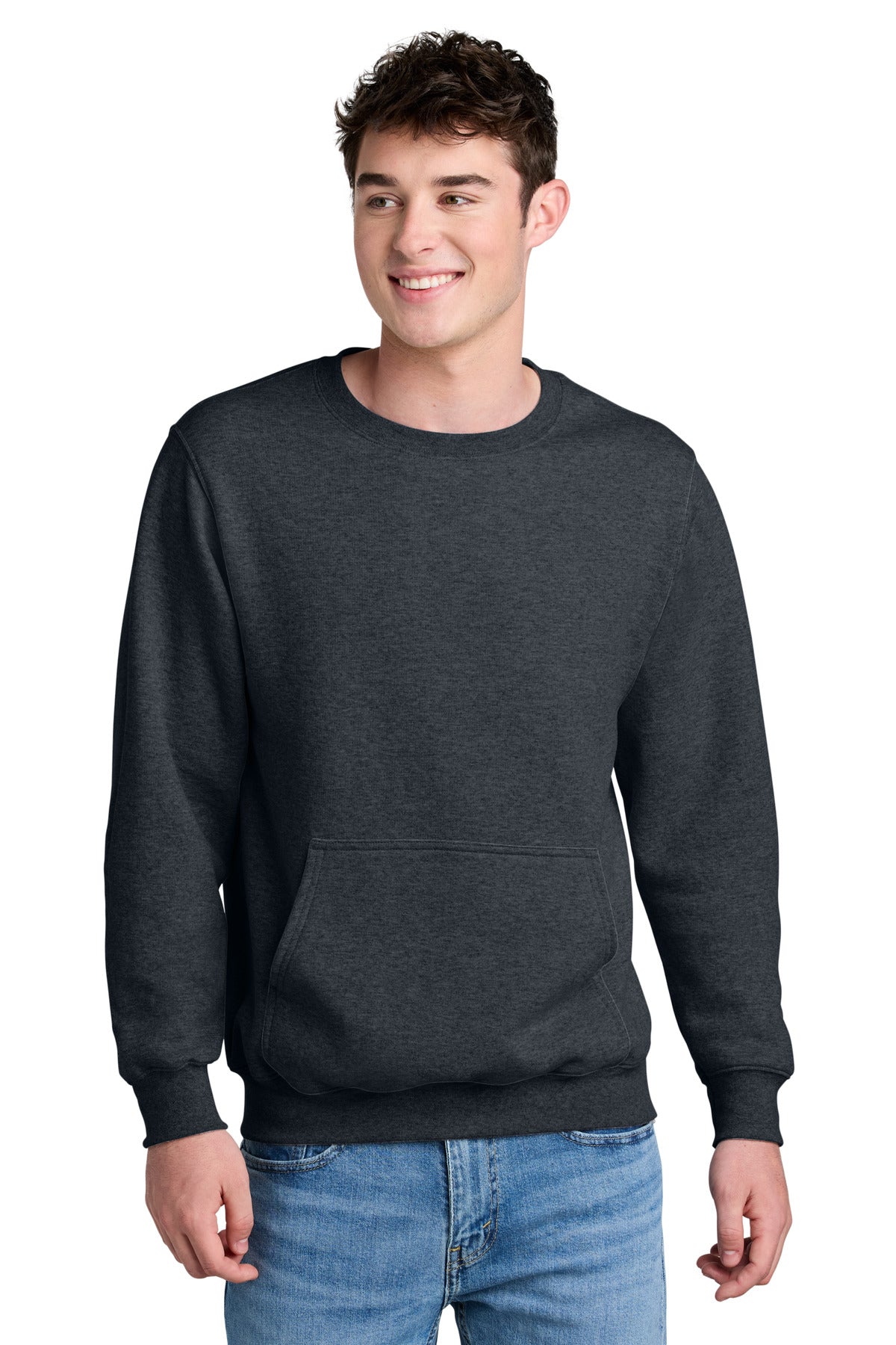 Port & Co Core Fleece Crewneck Pocket Sweatshirt PC78PKT in Dark Heather Grey