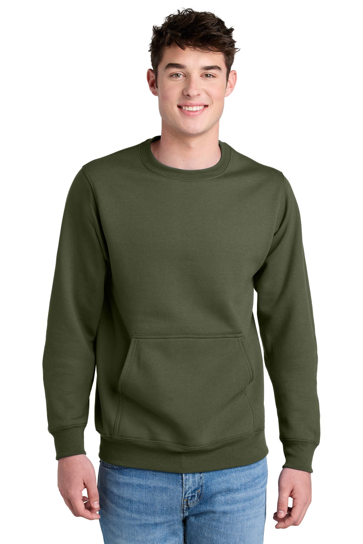 Port & Co Core Fleece Crewneck Pocket Sweatshirt PC78PKT in Olive Drab Green