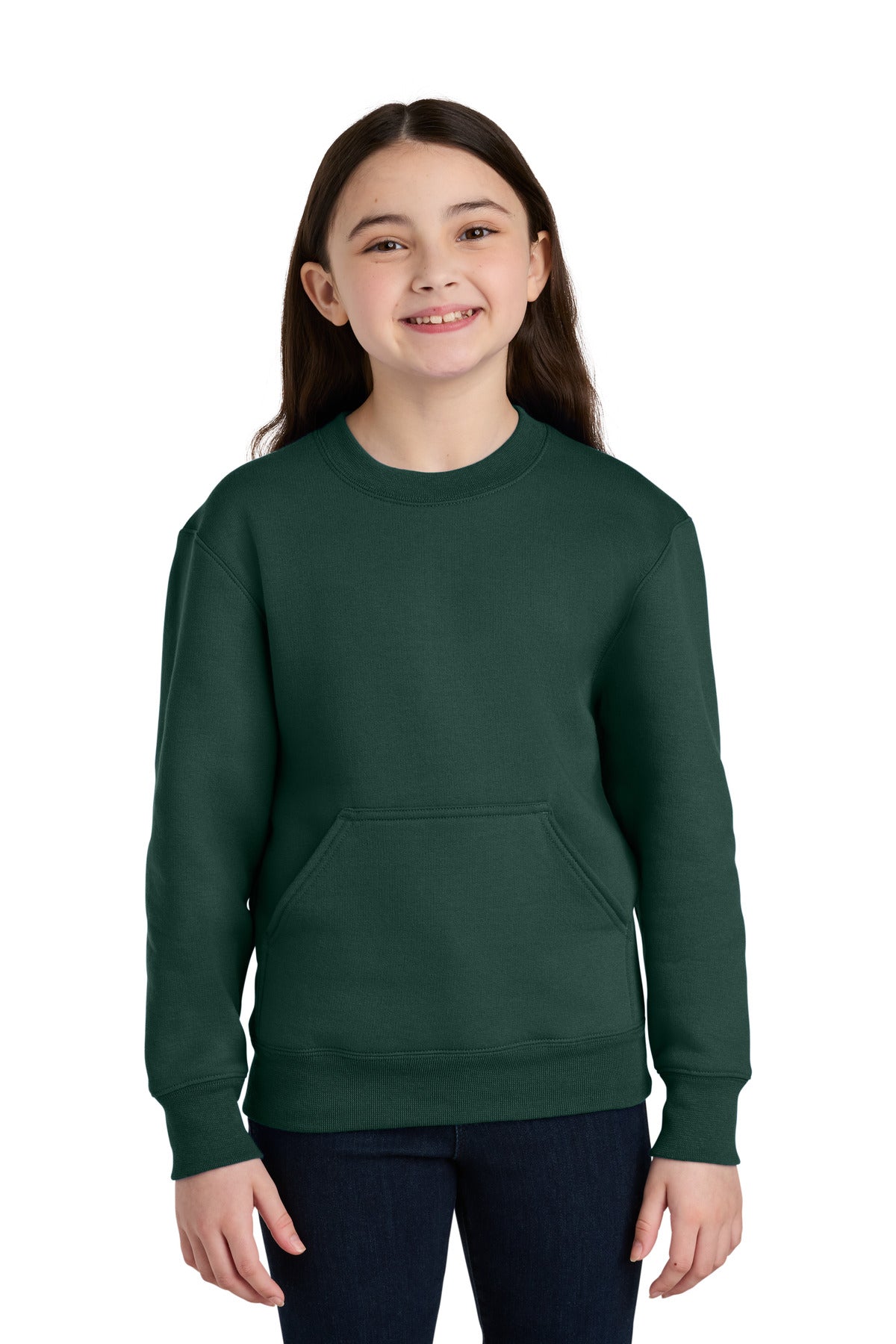 Port & Co Youth Core Fleece Crewneck Pocket Sweatshirt PC78YPKT in Dark Green