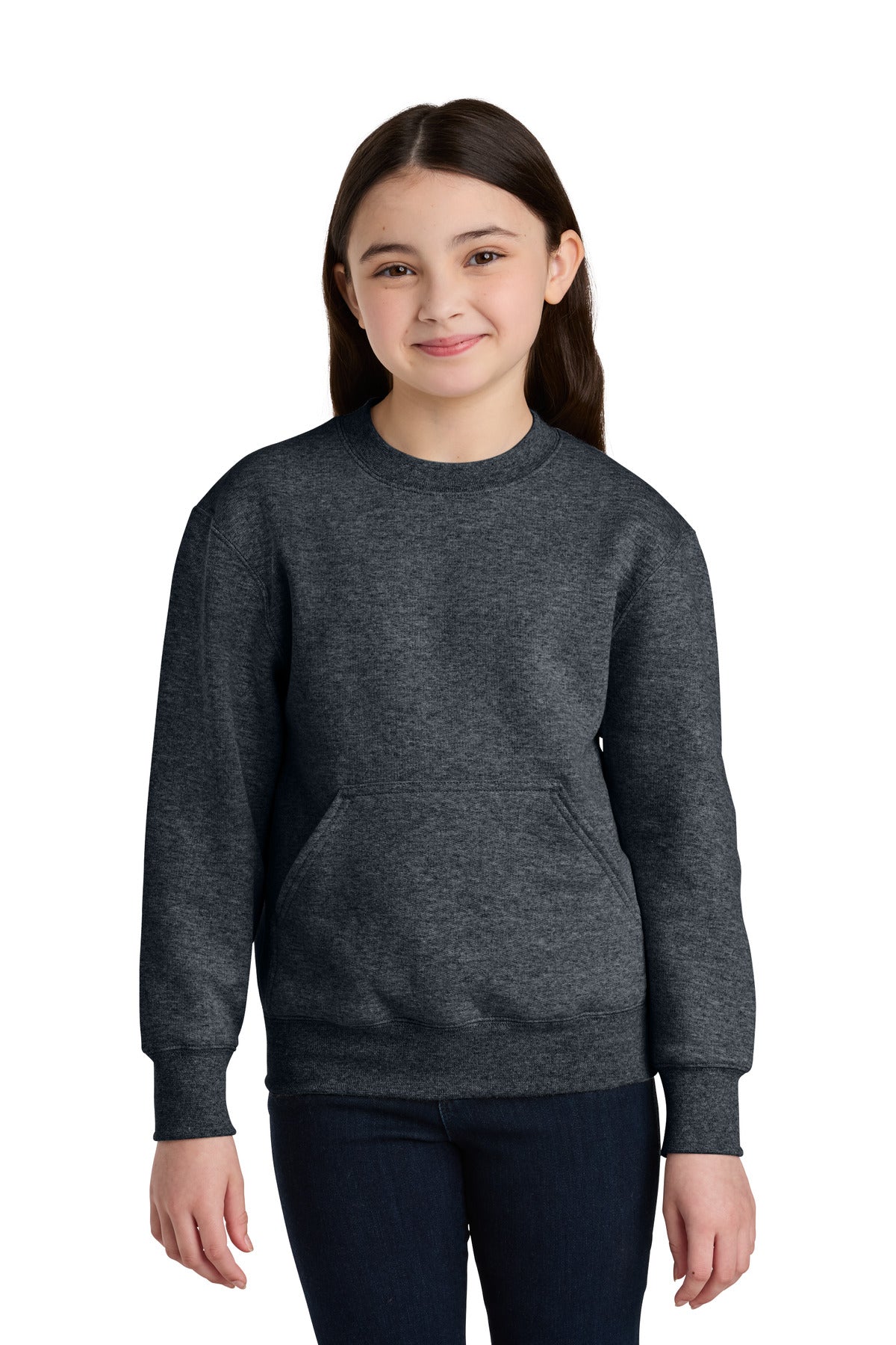 Port & Co Youth Core Fleece Crewneck Pocket Sweatshirt PC78YPKT in Dark Heather Grey
