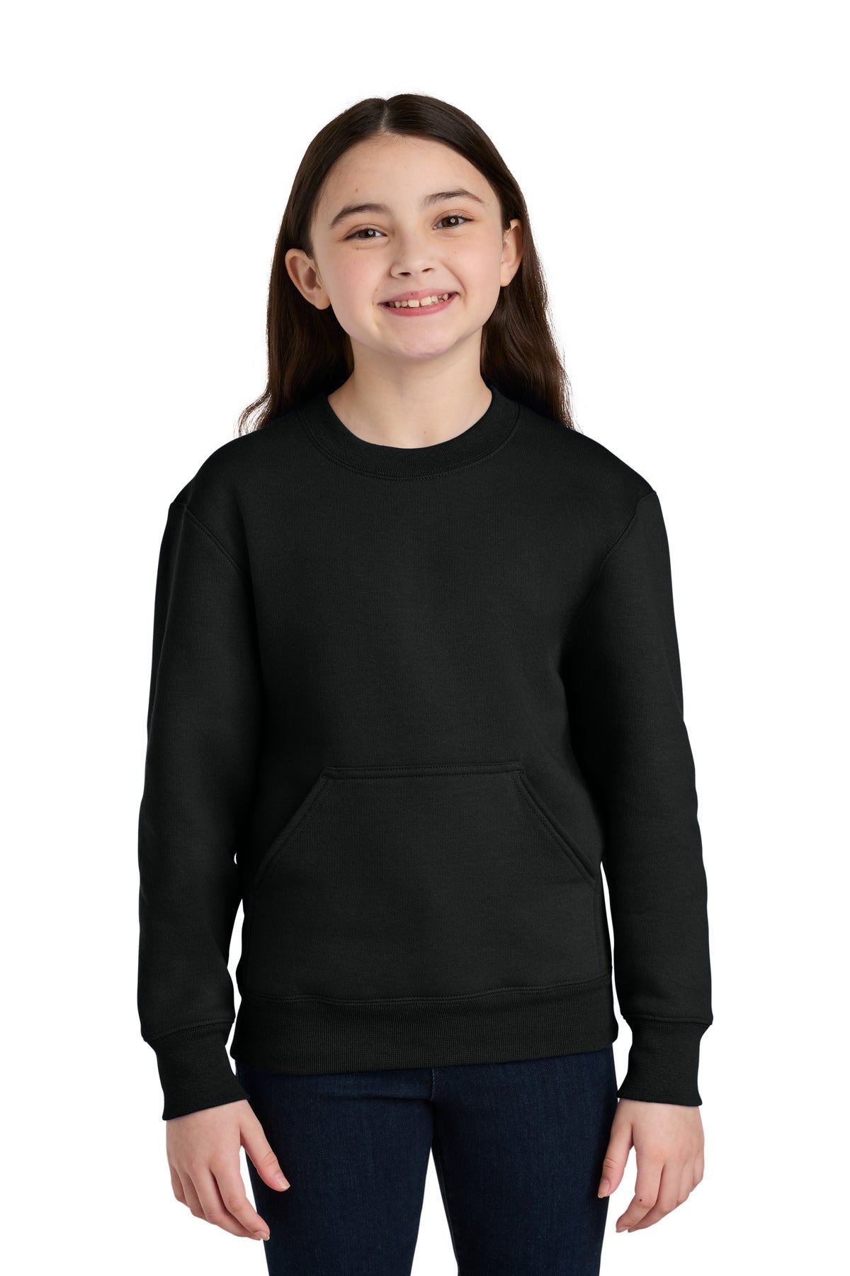Port & Co Youth Core Fleece Crewneck Pocket Sweatshirt PC78YPKT in Jet Black