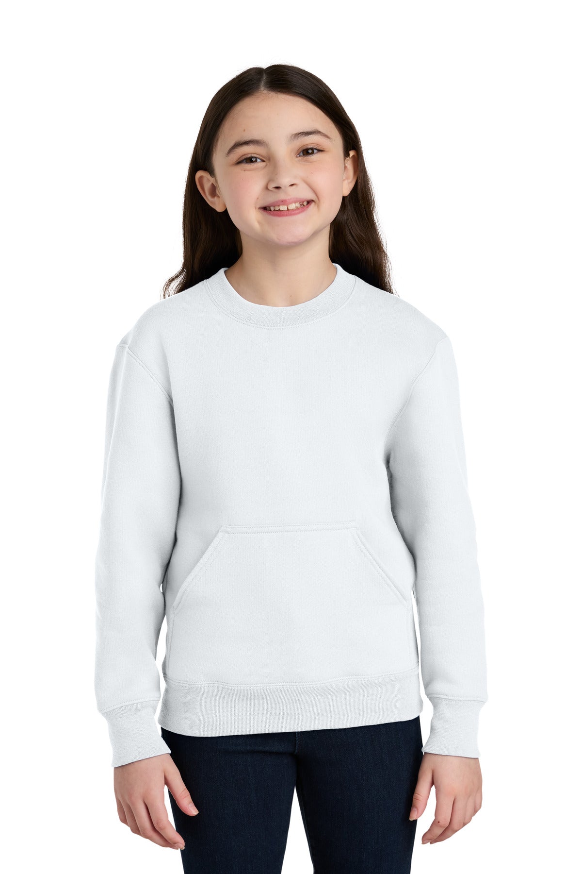 Port & Co Youth Core Fleece Crewneck Pocket Sweatshirt PC78YPKT in White