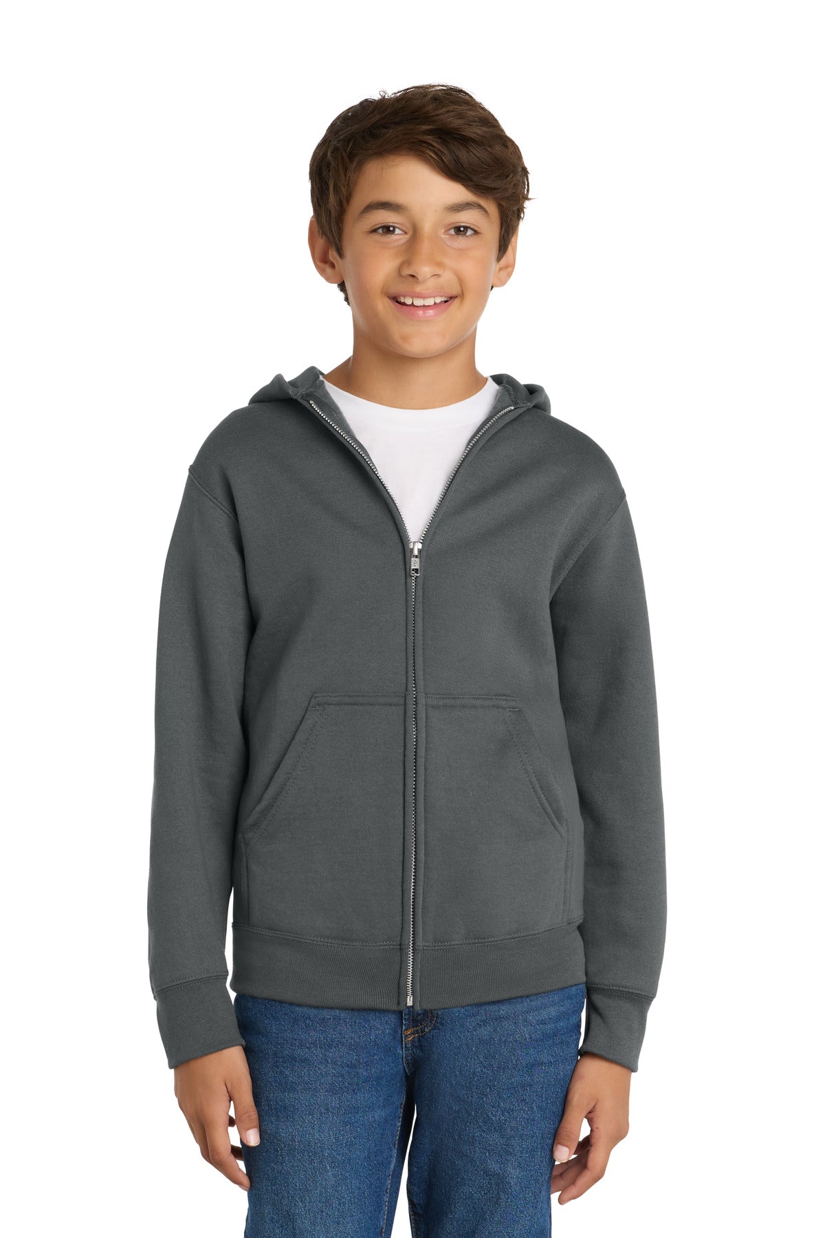 Port & Co Youth Core Fleece Full-Zip Hooded Sweatshirt PC78YZH in Charcoal