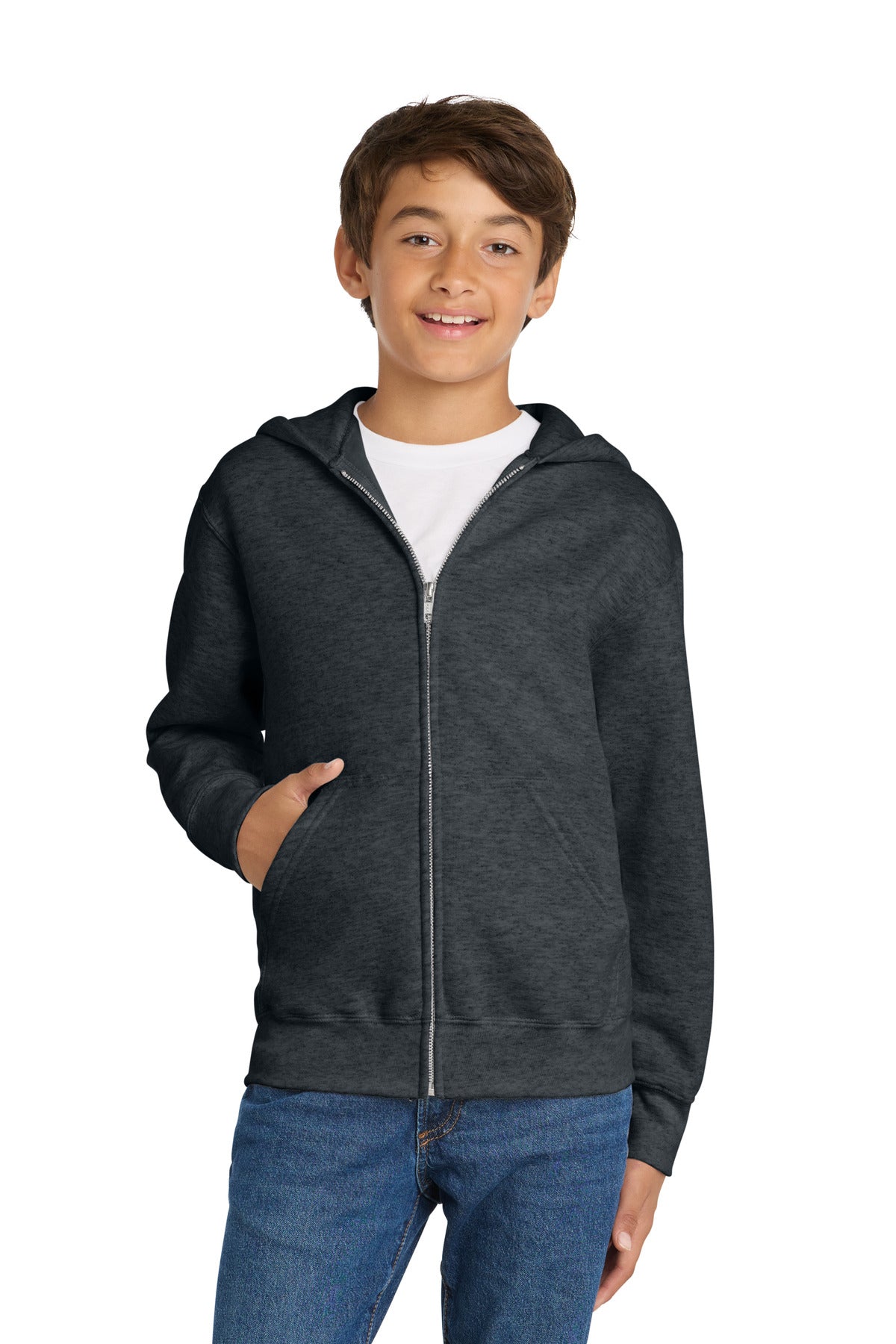 Port & Co Youth Core Fleece Full-Zip Hooded Sweatshirt PC78YZH in Dark Heather Grey