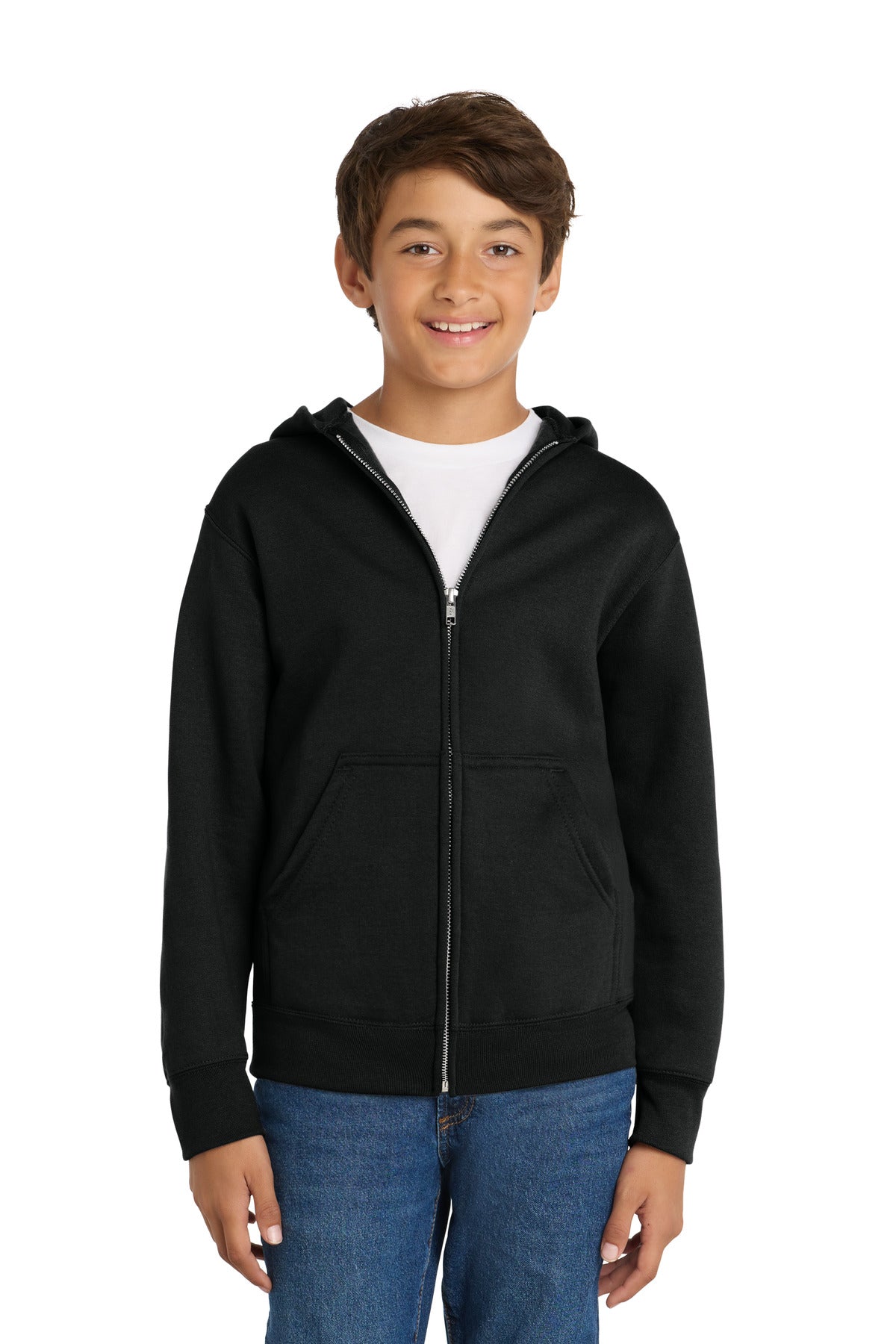 Port & Co Youth Core Fleece Full-Zip Hooded Sweatshirt PC78YZH in Jet Black