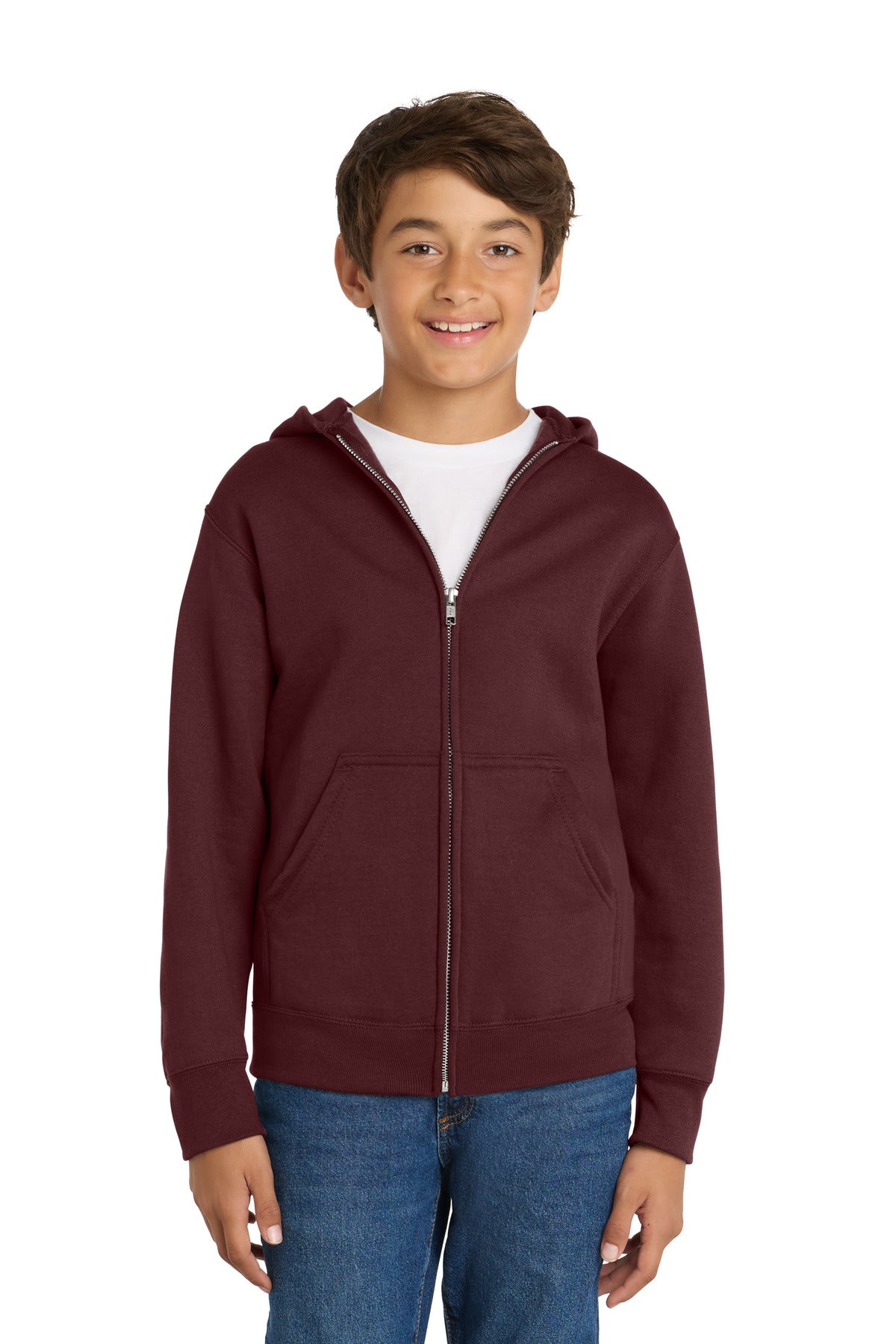 Port & Co Youth Core Fleece Full-Zip Hooded Sweatshirt PC78YZH in Maroon