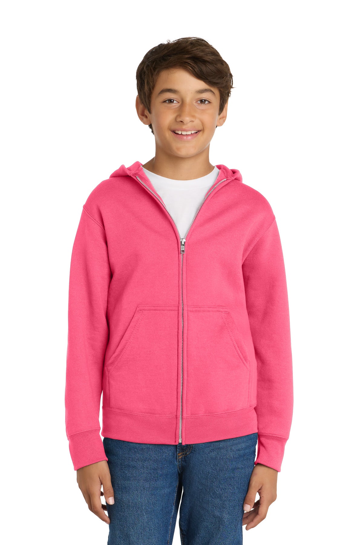 Port & Co Youth Core Fleece Full-Zip Hooded Sweatshirt PC78YZH in Neon Pink